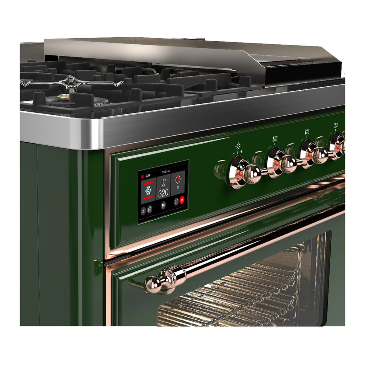 ILVE Majestic III 48-inch Dual Fuel Range with 5 Natural Gas Burner, Griddle, French Top and Triple Glass Door Electric Oven in Emerald Green with Copper Trim (UM48FSNR3EGP)