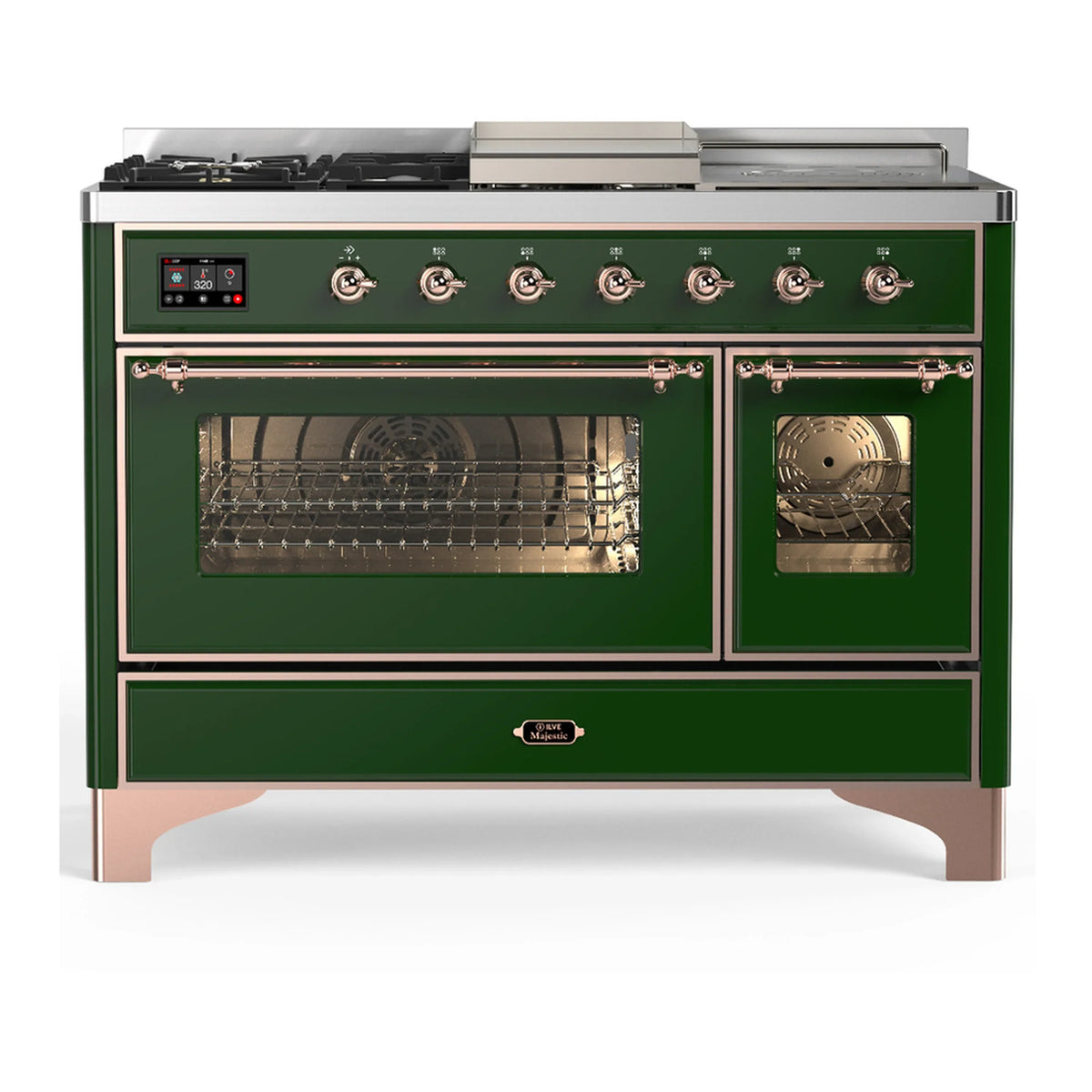 ILVE Majestic III 48-Inch Dual Fuel Range, 5 LP Burners, Griddle, French Top, Triple Glass Door, Emerald Green, Copper Trim (UM48FSNR3EGPLP)