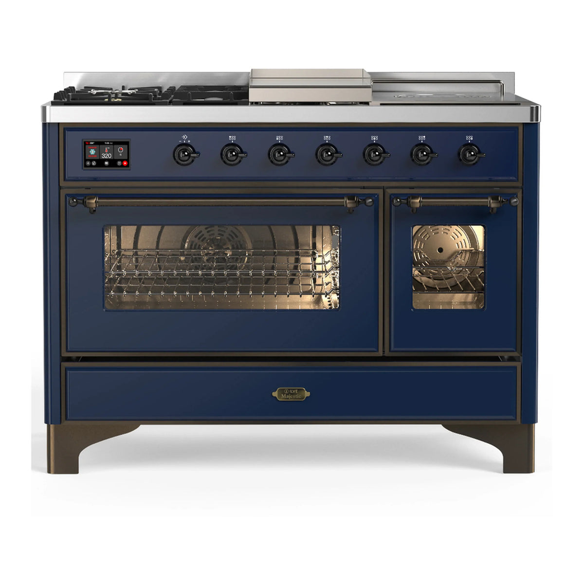 ILVE Majestic III 48-Inch Dual Fuel Range, 5 LP Burners, Griddle, French Top, Triple Glass Door, Midnight Blue, Burnished Trim (UM48FSNR3MBBLP)