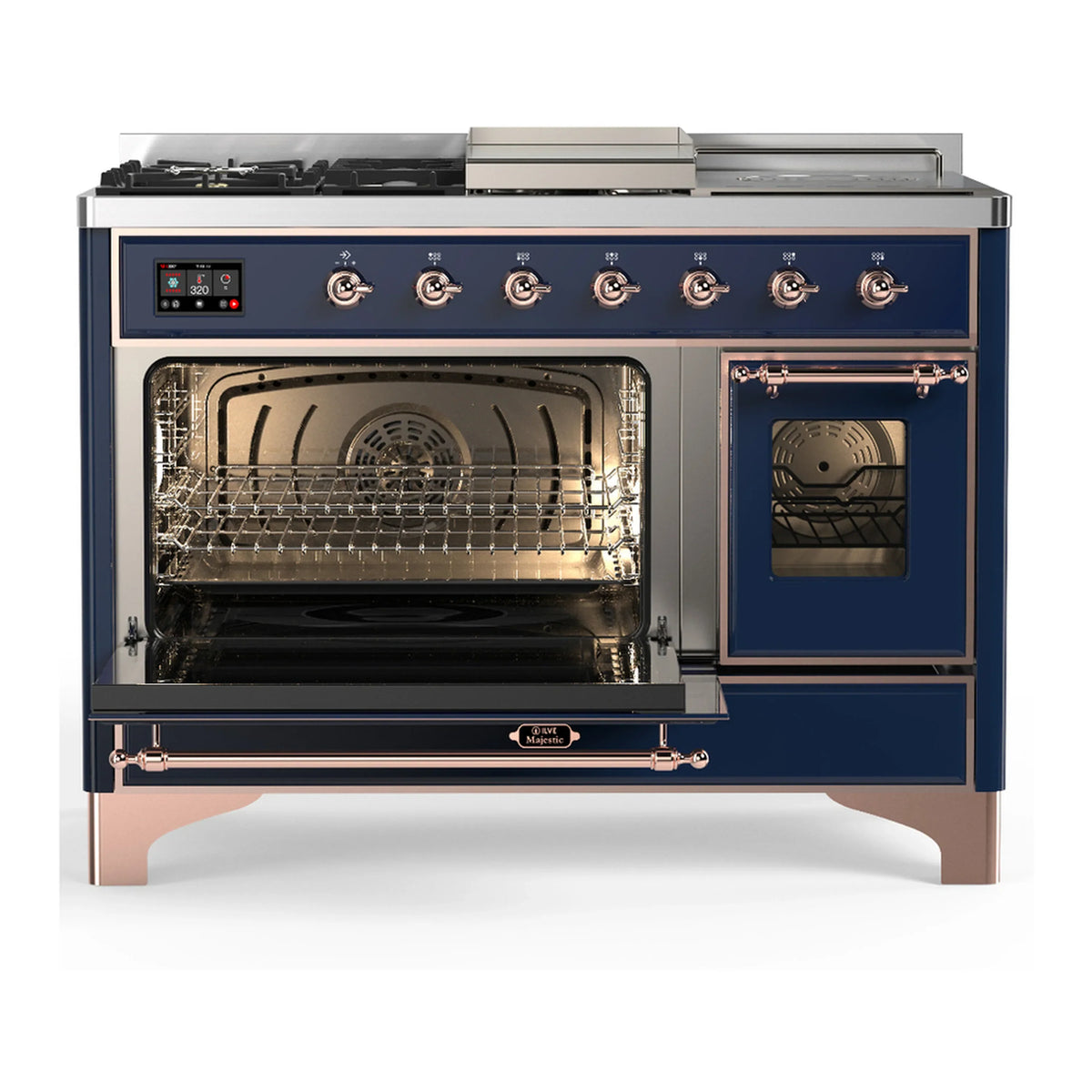 ILVE Majestic III 48-inch Dual Fuel Range with 5 Liquid Propane Burner, Griddle, French Top and Triple Glass Door Electric Oven in Midnight Blue with Copper Trim (UM48FSNR3MBPLP)