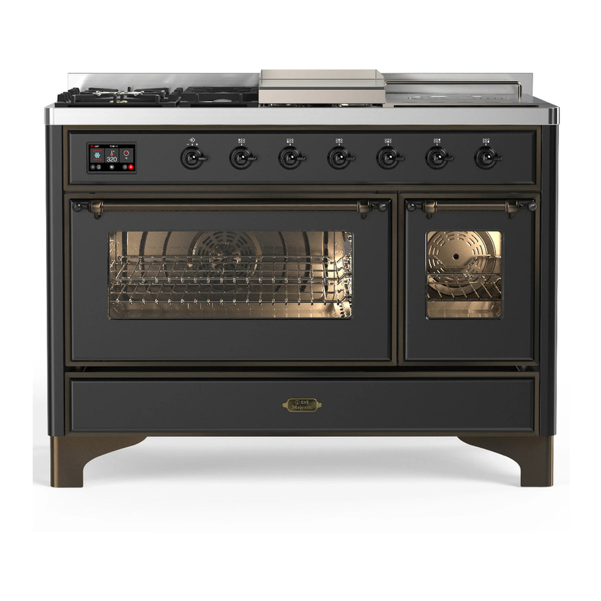 ILVE Majestic III 48-inch Dual Fuel Range with 5 Natural Gas Burner, Griddle, French Top and Triple Glass Door Electric Oven in Graphite Matte with Burnished Trim (UM48FSNR3MGB)