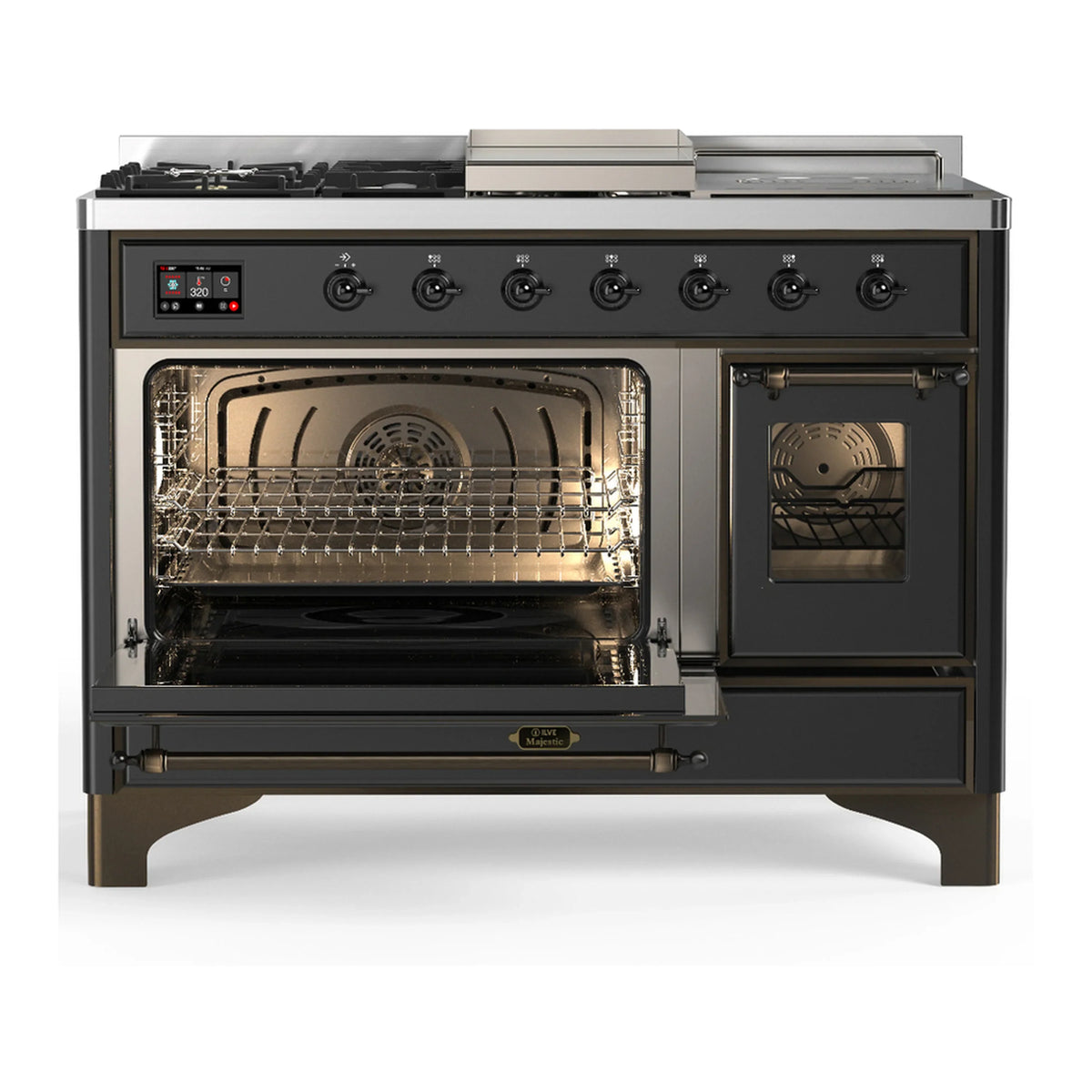 ILVE Majestic III 48-inch Dual Fuel Range with 5 Natural Gas Burner, Griddle, French Top and Triple Glass Door Electric Oven in Graphite Matte with Burnished Trim (UM48FSNR3MGB)