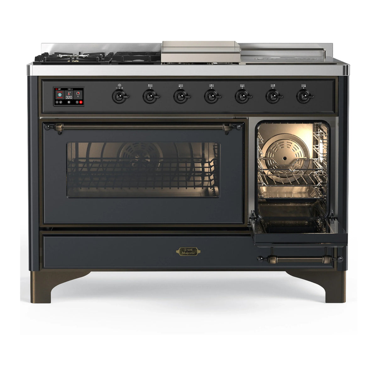 ILVE Majestic III 48-inch Dual Fuel Range with 5 Natural Gas Burner, Griddle, French Top and Triple Glass Door Electric Oven in Graphite Matte with Burnished Trim (UM48FSNR3MGB)
