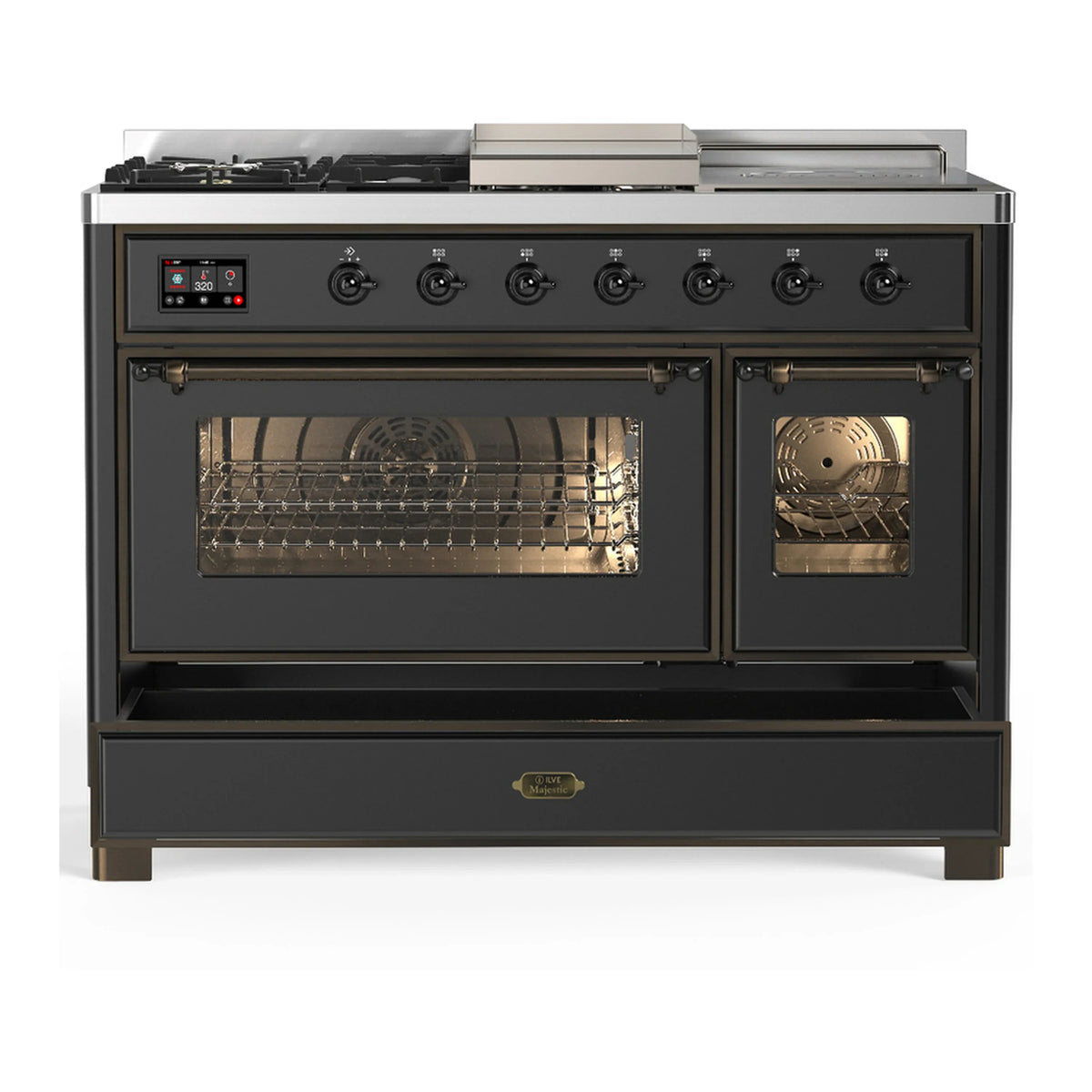 ILVE Majestic III 48-inch Dual Fuel Range with 5 Liquid Propane Burner, Griddle, French Top and Triple Glass Door Electric Oven in Graphite Matte with Burnished Trim (UM48FSNR3MGBLP)