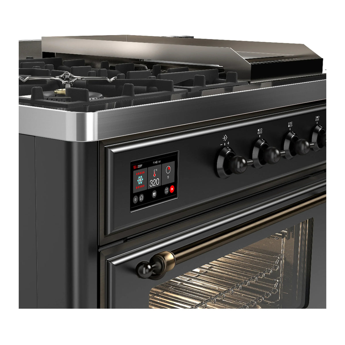 ILVE Majestic III 48-inch Dual Fuel Range with 5 Natural Gas Burner, Griddle, French Top and Triple Glass Door Electric Oven in Graphite Matte with Burnished Trim (UM48FSNR3MGB)