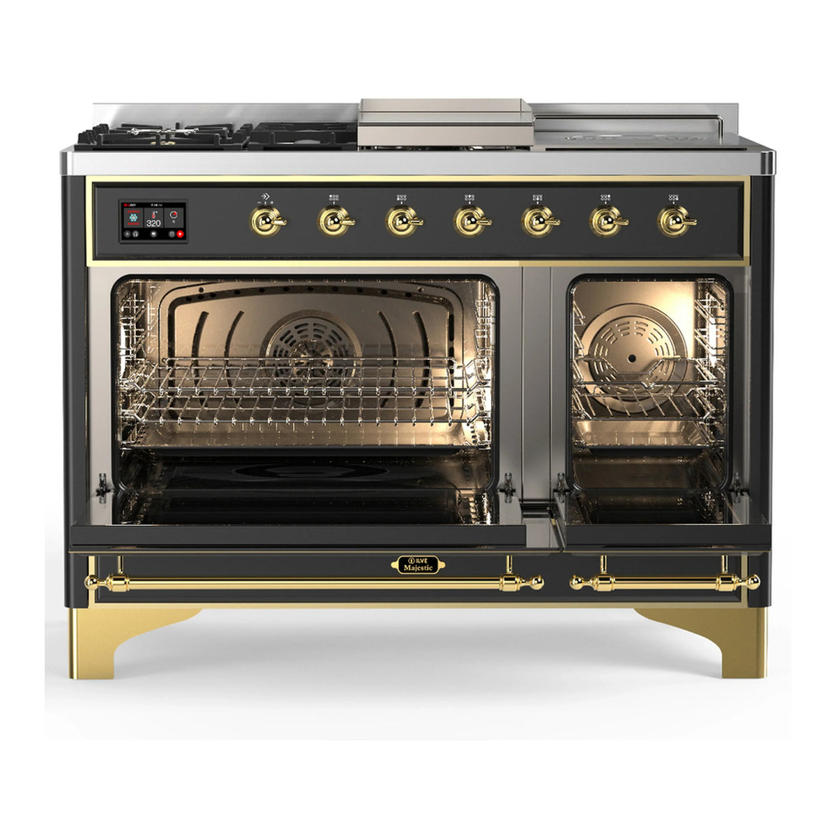 ILVE Majestic III 48-inch Dual Fuel Range with 5 Natural Gas Burner, Griddle, French Top and Triple Glass Door Electric Oven in Graphite Matte with Brass Trim (UM48FSNR3MGG)