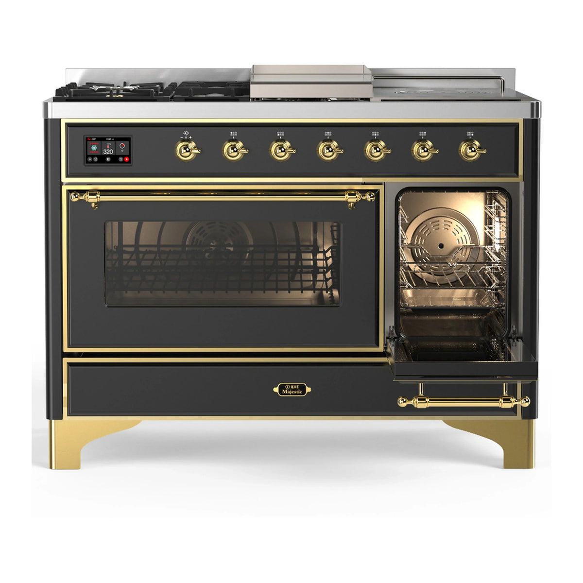 ILVE Majestic III 48-inch Dual Fuel Range with 5 Natural Gas Burner, Griddle, French Top and Triple Glass Door Electric Oven in Graphite Matte with Brass Trim (UM48FSNR3MGG)