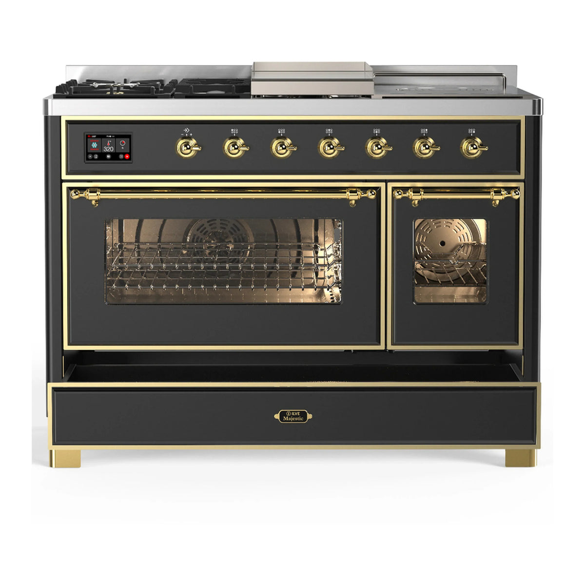 ILVE Majestic III 48-inch Dual Fuel Range with 5 Natural Gas Burner, Griddle, French Top and Triple Glass Door Electric Oven in Graphite Matte with Brass Trim (UM48FSNR3MGG)