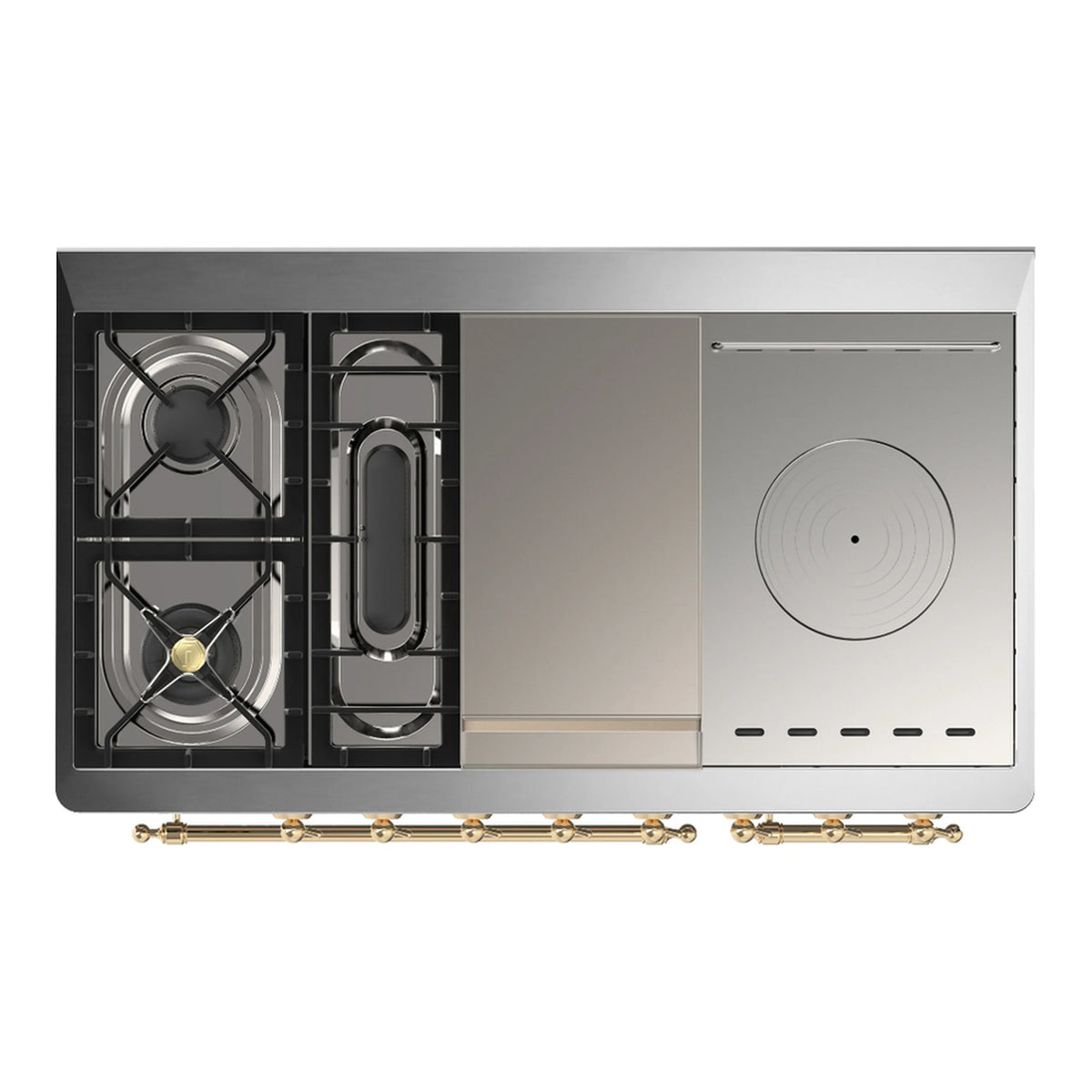 ILVE Majestic III 48-inch Dual Fuel Range with 5 Natural Gas Burner, Griddle, French Top and Triple Glass Door Electric Oven in Graphite Matte with Brass Trim (UM48FSNR3MGG)
