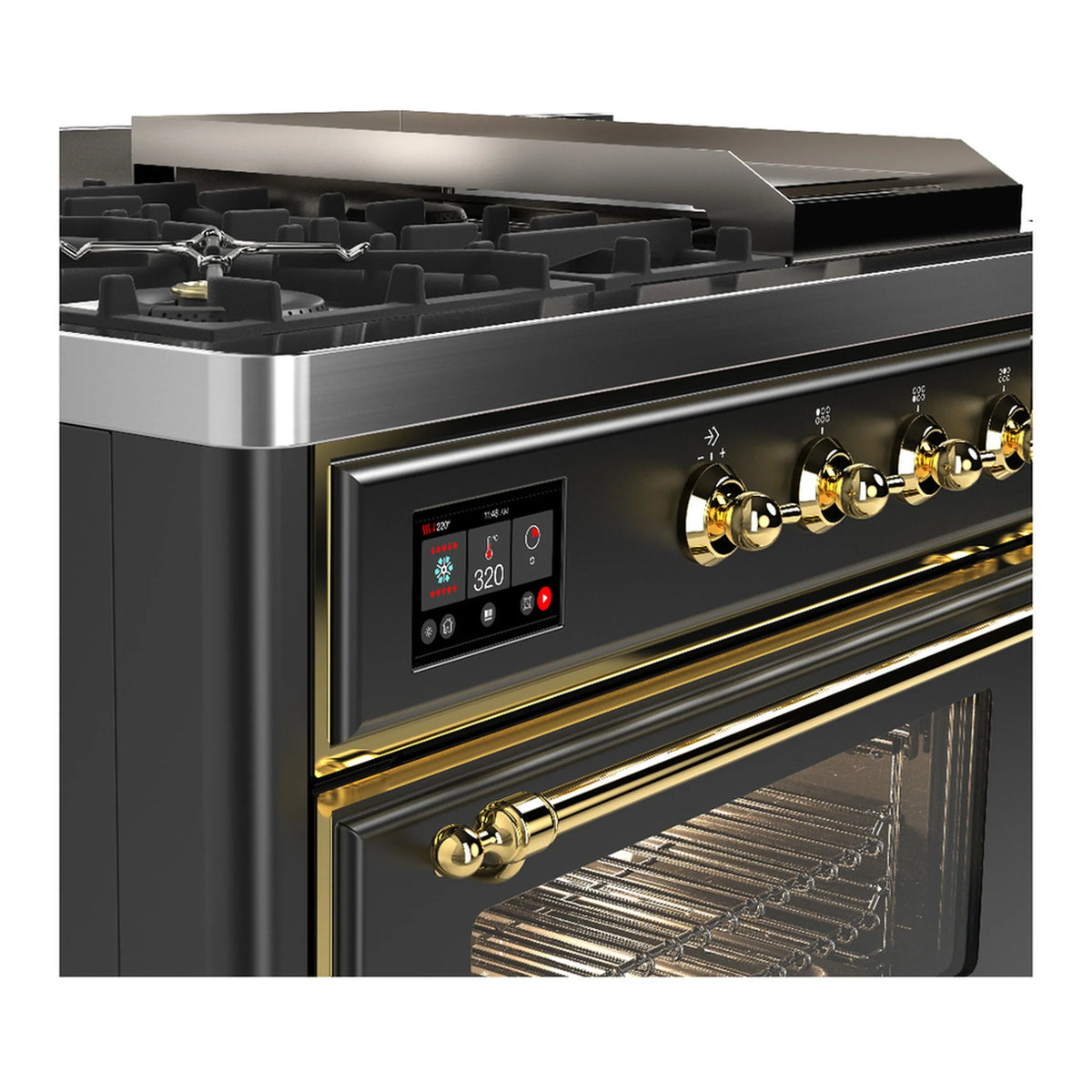 ILVE Majestic III 48-inch Dual Fuel Range with 5 Natural Gas Burner, Griddle, French Top and Triple Glass Door Electric Oven in Graphite Matte with Brass Trim (UM48FSNR3MGG)