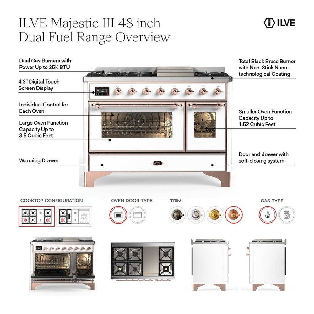 ILVE Majestic III 48-inch Dual Fuel Range with 5 Natural Gas Burner, Griddle, French Top and Triple Glass Door Electric Oven in Mediterranean Mint with Burnished Trim (UM48FSNR3MMB)