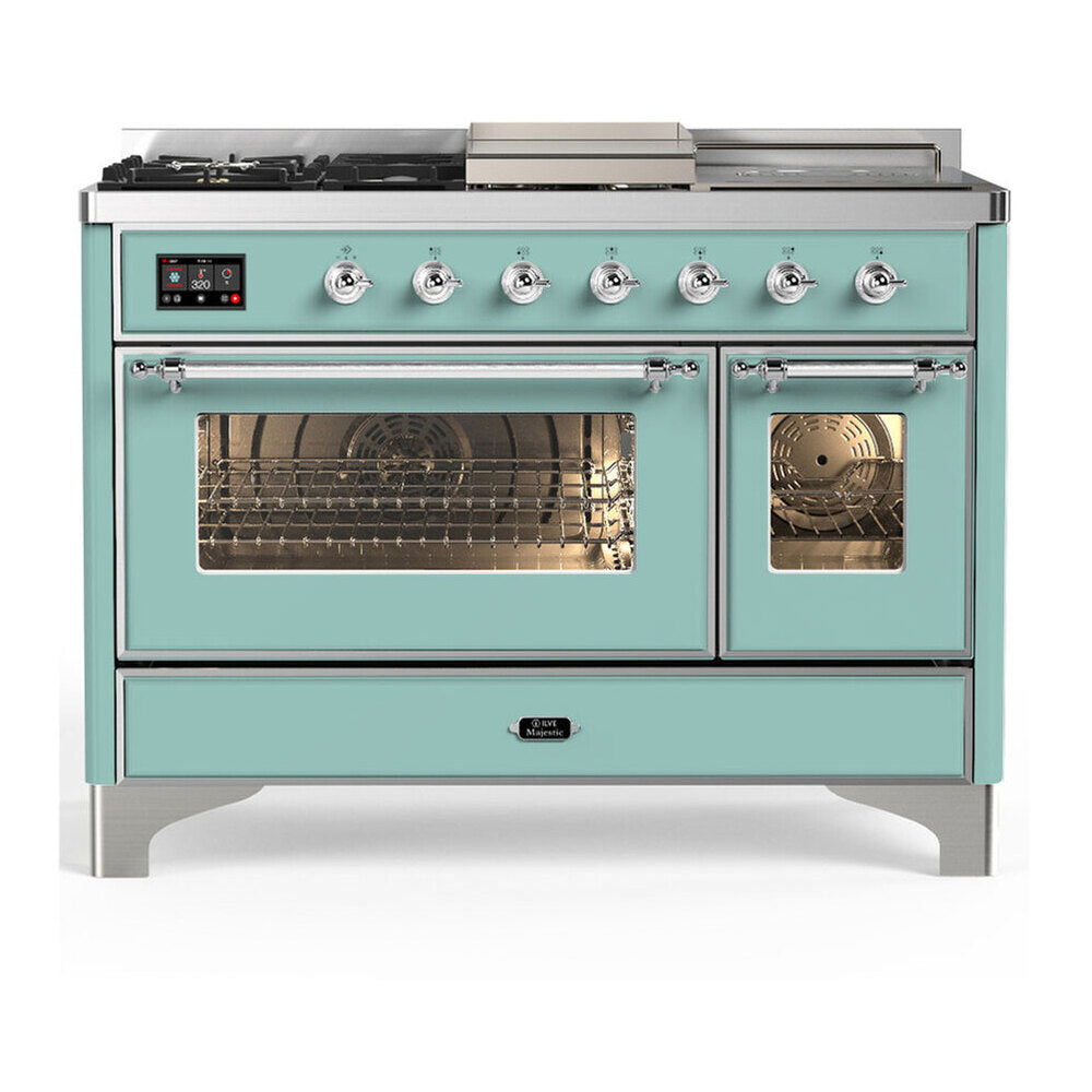 ILVE Majestic III 48-inch Dual Fuel Range with 5 Liquid Propane Burner, Griddle, French Top and Triple Glass Door Electric Oven in Mediterranean Mint with Chrome Trim (UM48FSNR3MMCLP)