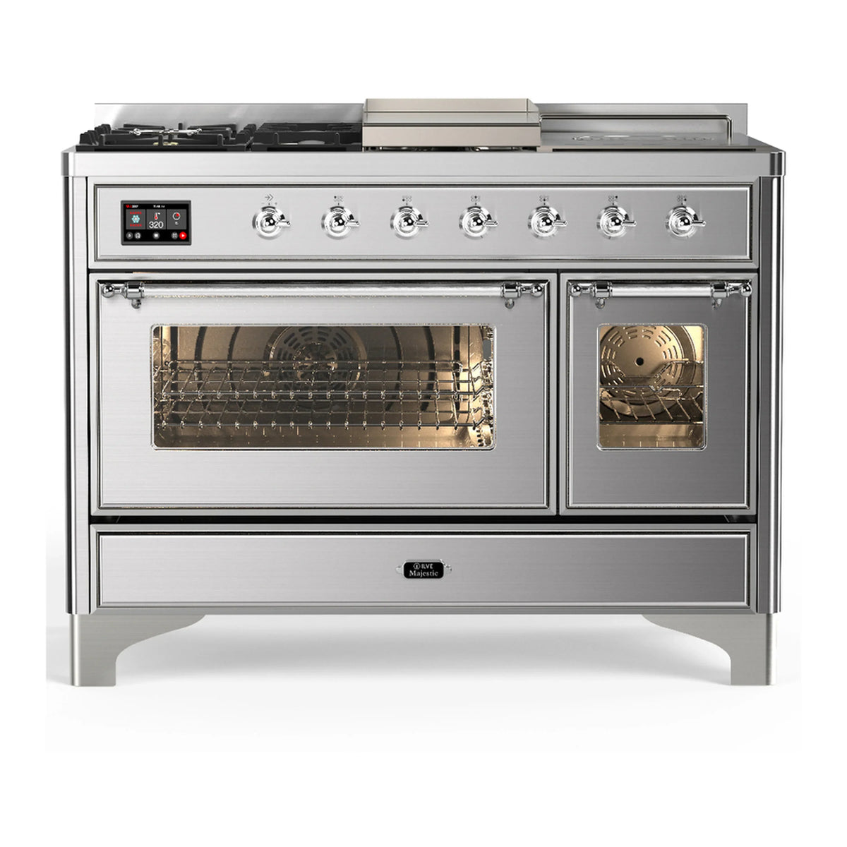 ILVE Majestic III 48-inch Dual Fuel Range with 5 Natural Gas Burner, Griddle, French Top and Triple Glass Door Electric Oven in Stainless Steel with Chrome Trim (UM48FSNR3SSC)