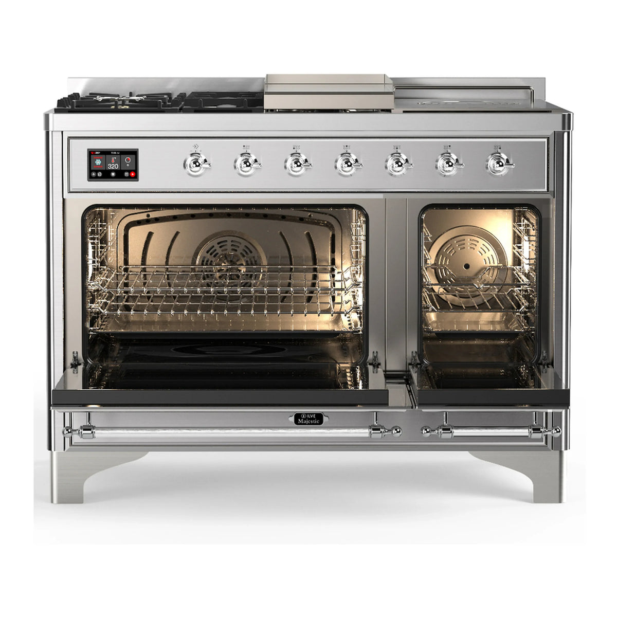 ILVE Majestic III 48-inch Dual Fuel Range with 5 Natural Gas Burner, Griddle, French Top and Triple Glass Door Electric Oven in Stainless Steel with Chrome Trim (UM48FSNR3SSC)