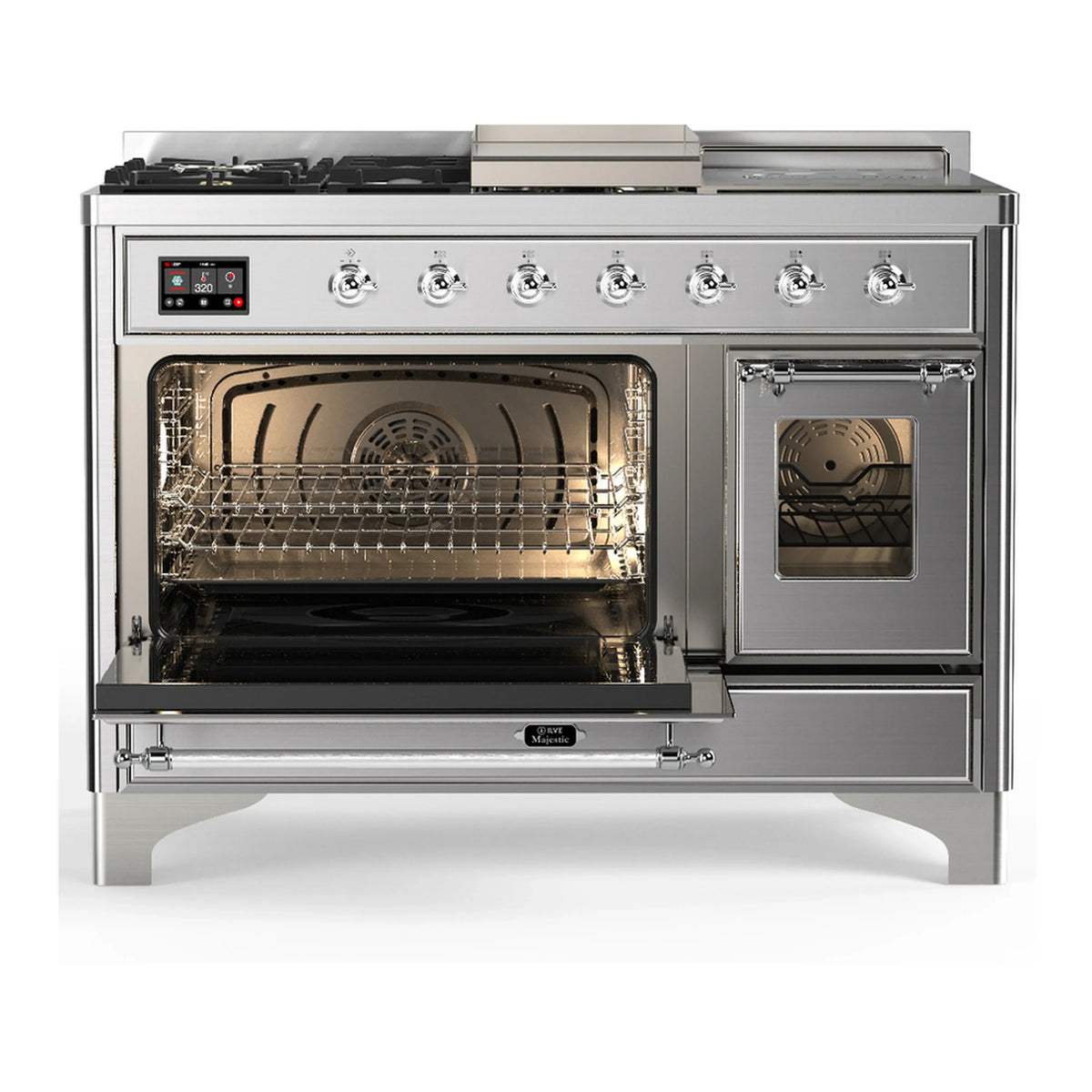 ILVE Majestic III 48-inch Dual Fuel Range with 5 Natural Gas Burner, Griddle, French Top and Triple Glass Door Electric Oven in Stainless Steel with Chrome Trim (UM48FSNR3SSC)