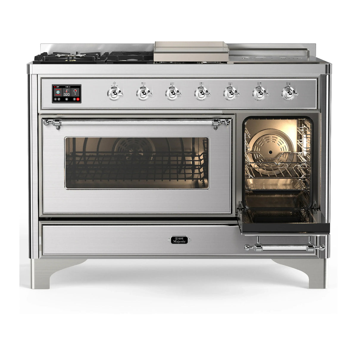ILVE Majestic III 48-inch Dual Fuel Range with 5 Natural Gas Burner, Griddle, French Top and Triple Glass Door Electric Oven in Stainless Steel with Chrome Trim (UM48FSNR3SSC)