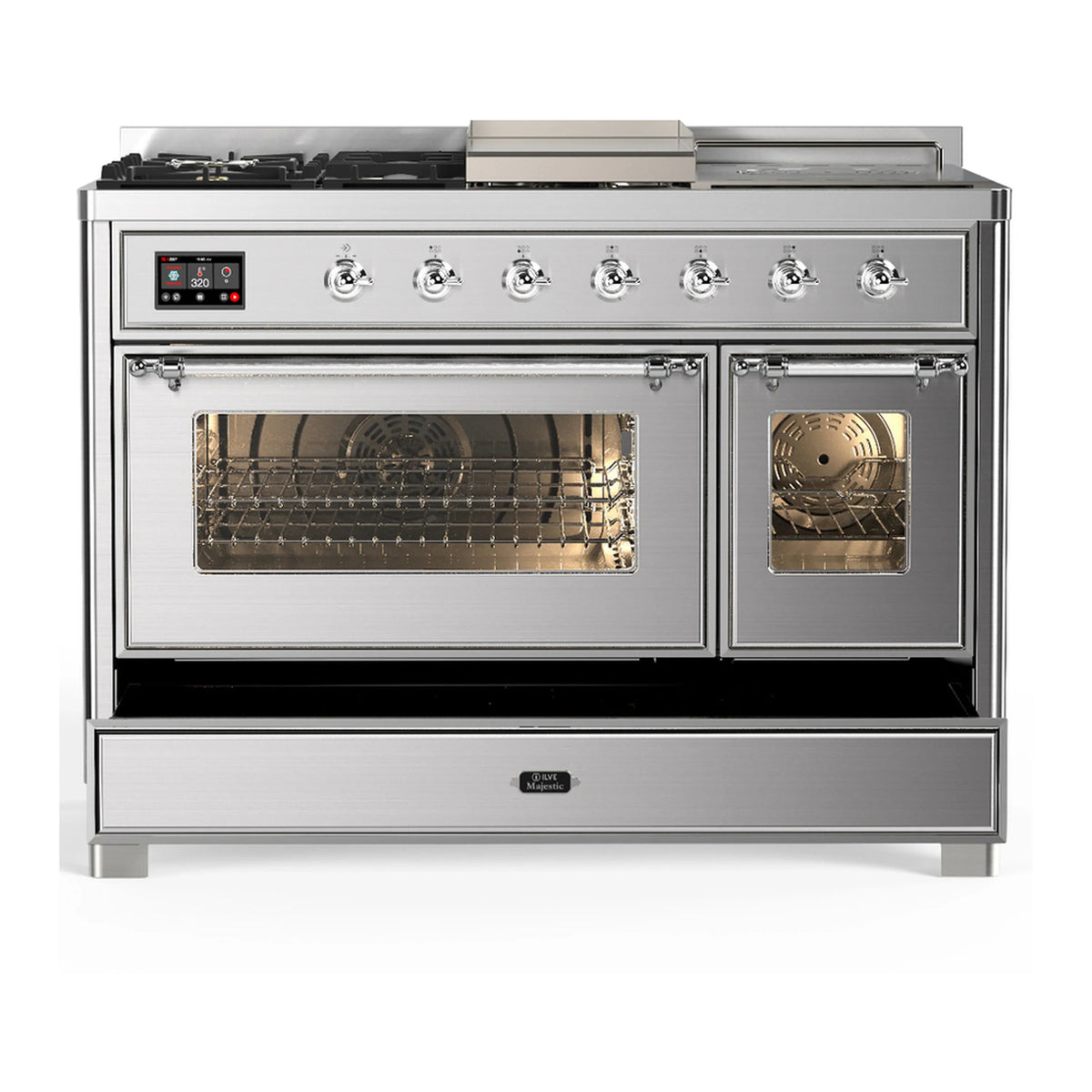 ILVE Majestic III 48-inch Dual Fuel Range with 5 Natural Gas Burner, Griddle, French Top and Triple Glass Door Electric Oven in Stainless Steel with Chrome Trim (UM48FSNR3SSC)