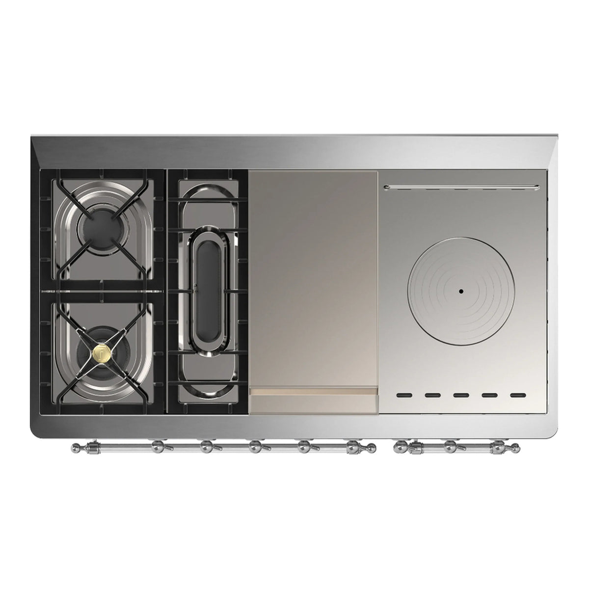 ILVE Majestic III 48-inch Dual Fuel Range with 5 Natural Gas Burner, Griddle, French Top and Triple Glass Door Electric Oven in Stainless Steel with Chrome Trim (UM48FSNR3SSC)