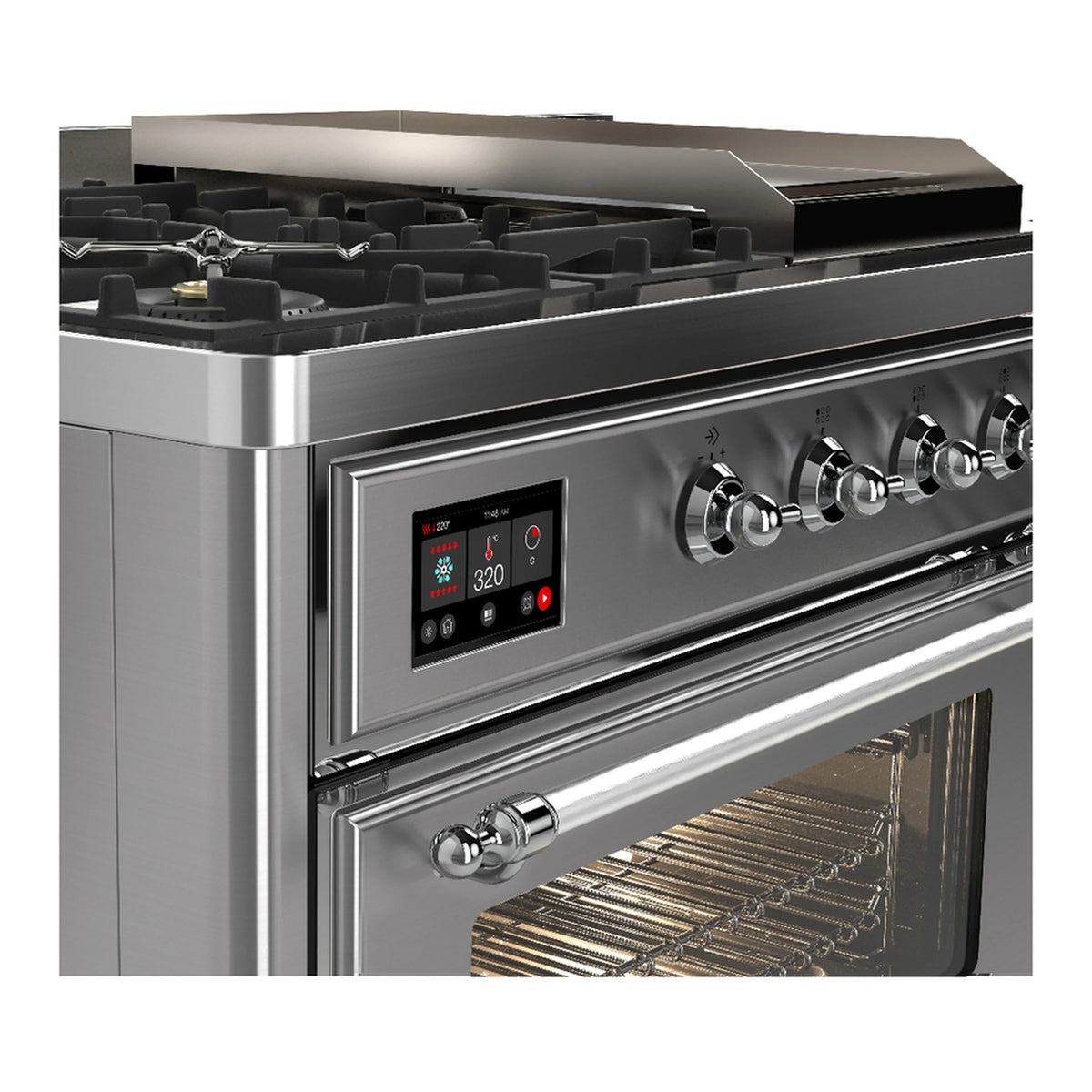 ILVE Majestic III 48-inch Dual Fuel Range with 5 Natural Gas Burner, Griddle, French Top and Triple Glass Door Electric Oven in Stainless Steel with Chrome Trim (UM48FSNR3SSC)