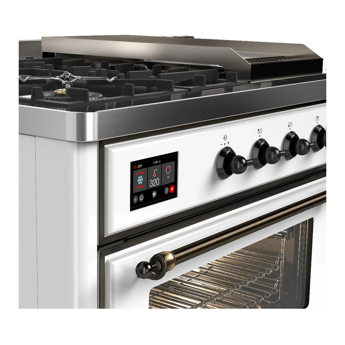 ILVE Majestic III 48-inch Dual Fuel Range with 5 Liquid Propane Burner, Griddle, French Top and Triple Glass Door Electric Oven in White with Burnished Trim (UM48FSNR3WHBLP)