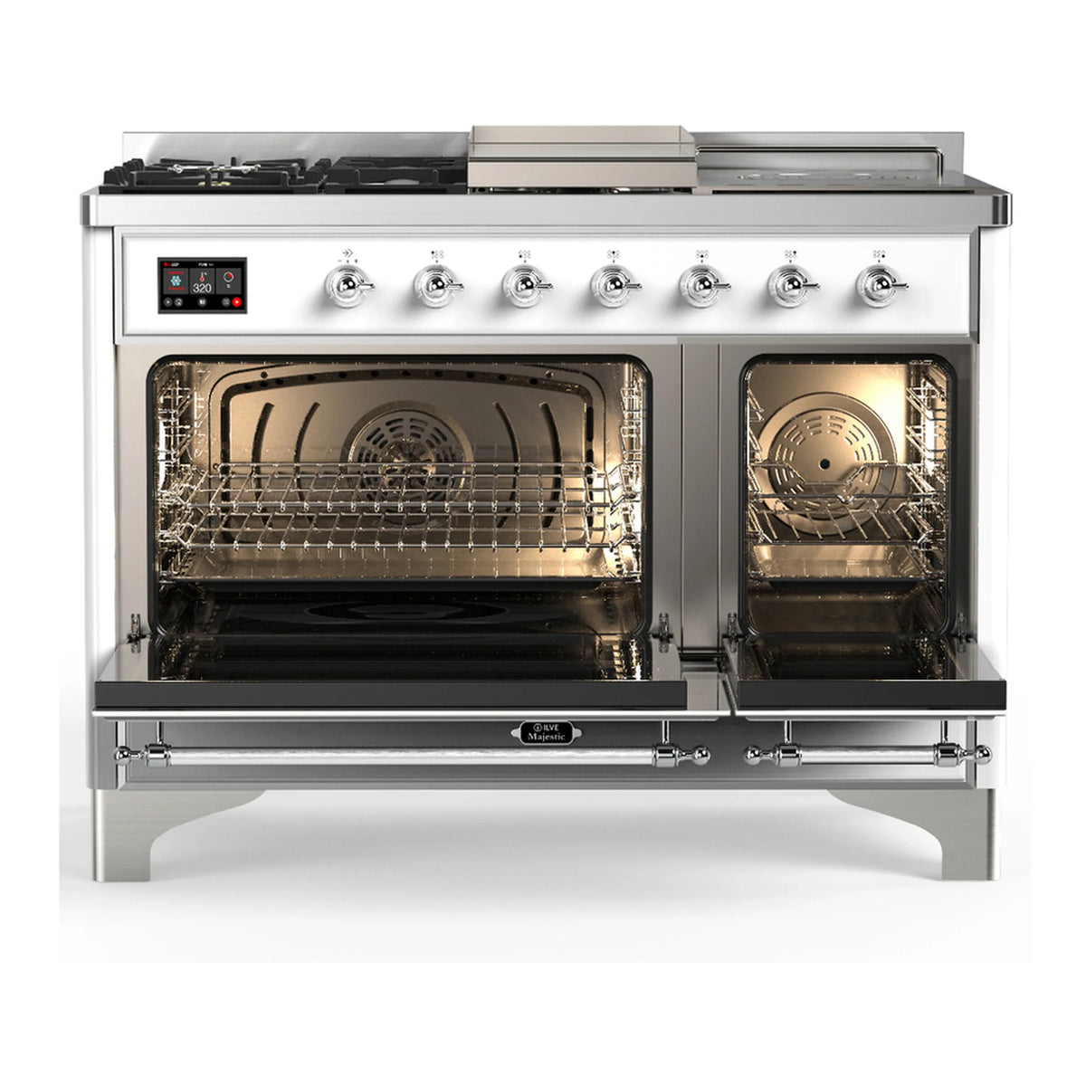 ILVE Majestic III 48-inch Dual Fuel Range with 5 Natural Gas Burner, Griddle, French Top and Triple Glass Door Electric Oven in White with Chrome Trim (UM48FSNR3WHC)