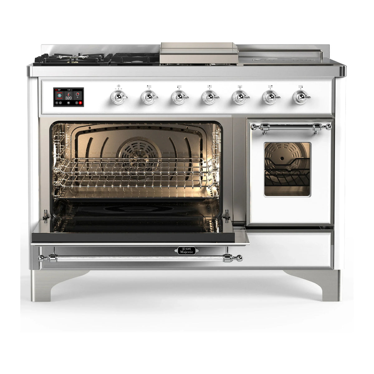ILVE Majestic III 48-inch Dual Fuel Range with 5 Natural Gas Burner, Griddle, French Top and Triple Glass Door Electric Oven in White with Chrome Trim (UM48FSNR3WHC)