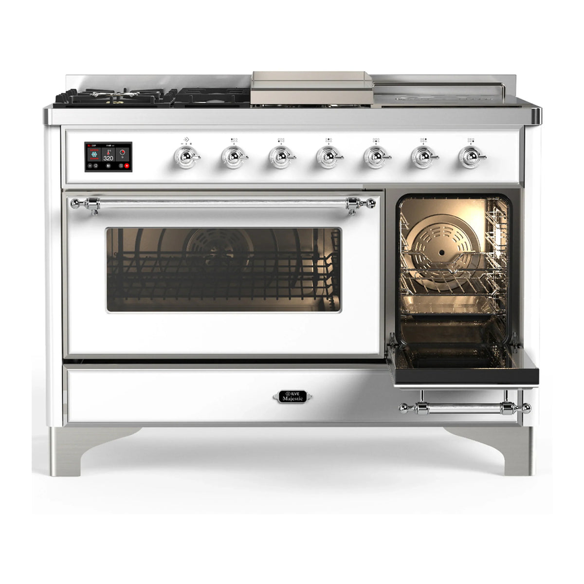 ILVE Majestic III 48-inch Dual Fuel Range with 5 Natural Gas Burner, Griddle, French Top and Triple Glass Door Electric Oven in White with Chrome Trim (UM48FSNR3WHC)