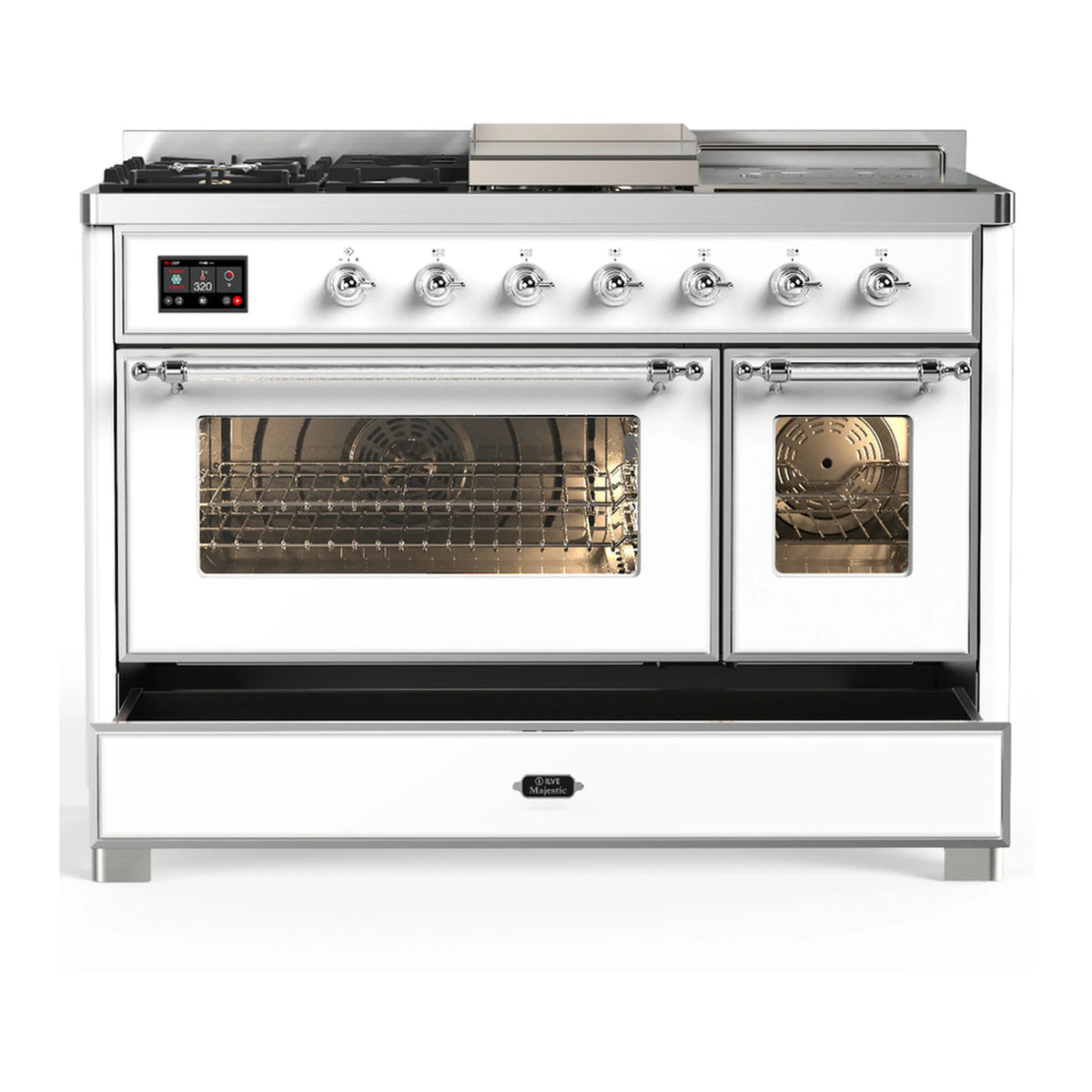 ILVE Majestic III 48-inch Dual Fuel Range with 5 Natural Gas Burner, Griddle, French Top and Triple Glass Door Electric Oven in White with Chrome Trim (UM48FSNR3WHC)