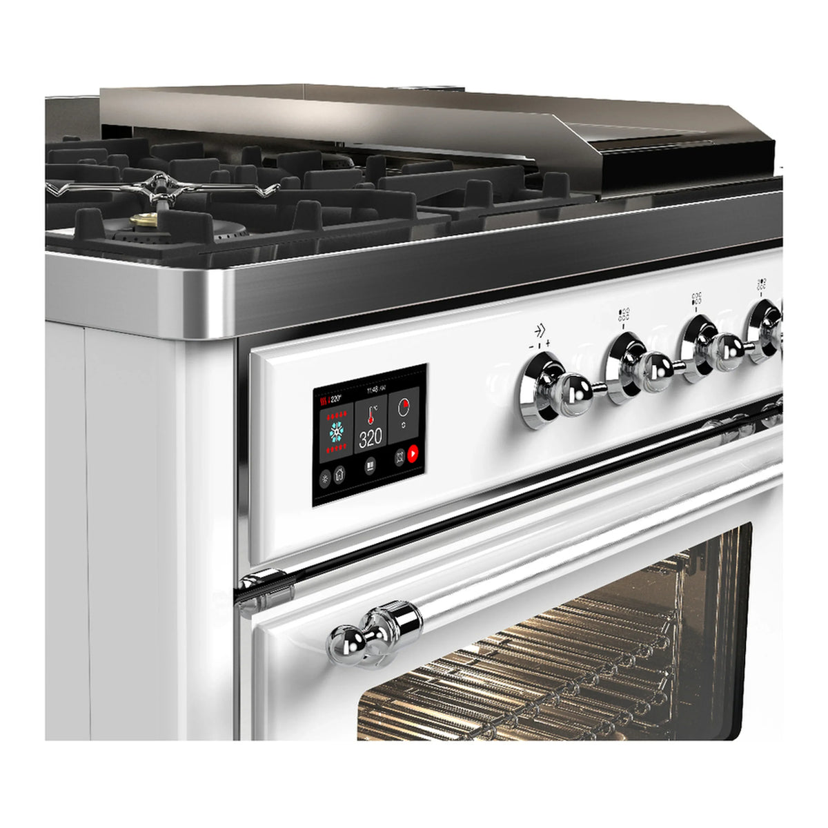 ILVE Majestic III 48-inch Dual Fuel Range with 5 Natural Gas Burner, Griddle, French Top and Triple Glass Door Electric Oven in White with Chrome Trim (UM48FSNR3WHC)