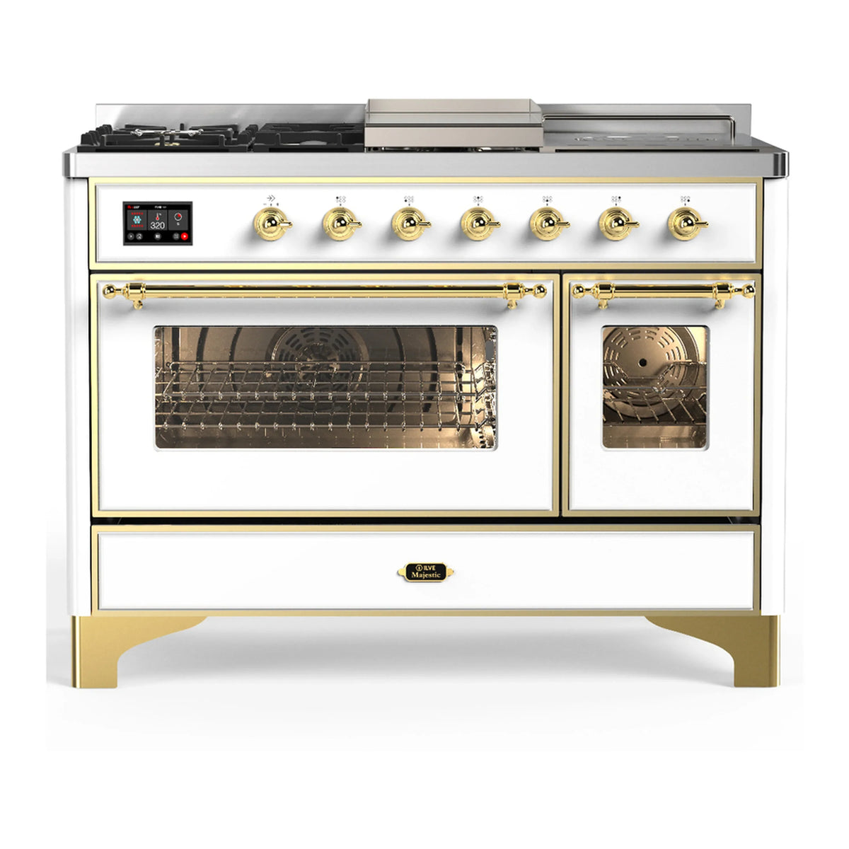 ILVE Majestic III 48-Inch Dual Fuel Range, 5 NG Burners, Griddle, French Top, Triple Glass Door, White, Brass Trim (UM48FSNR3WHG)