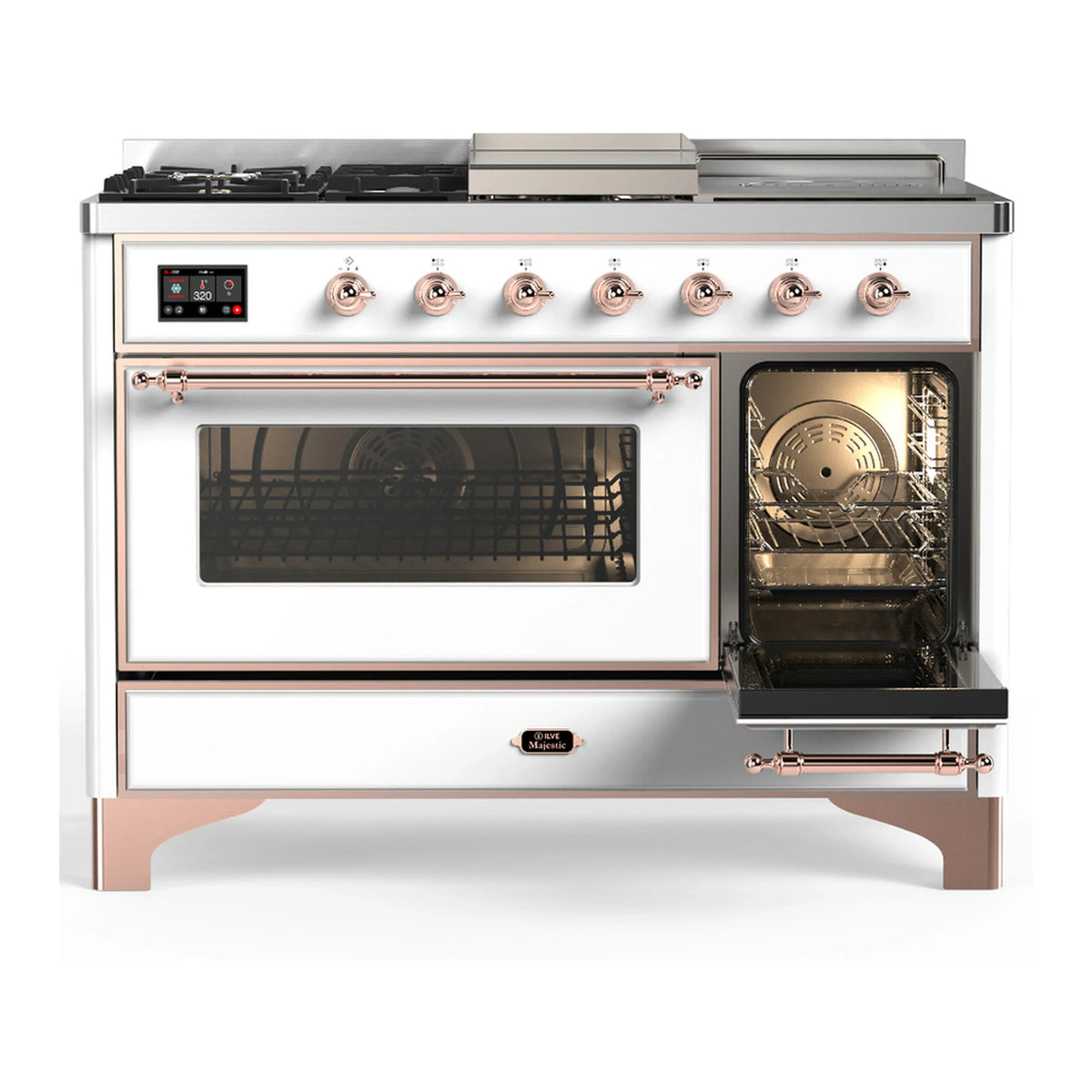 ILVE Majestic III 48-inch Dual Fuel Range with 5 Liquid Propane Burner, Griddle, French Top and Triple Glass Door Electric Oven in White with Copper Trim (UM48FSNR3WHPLP)