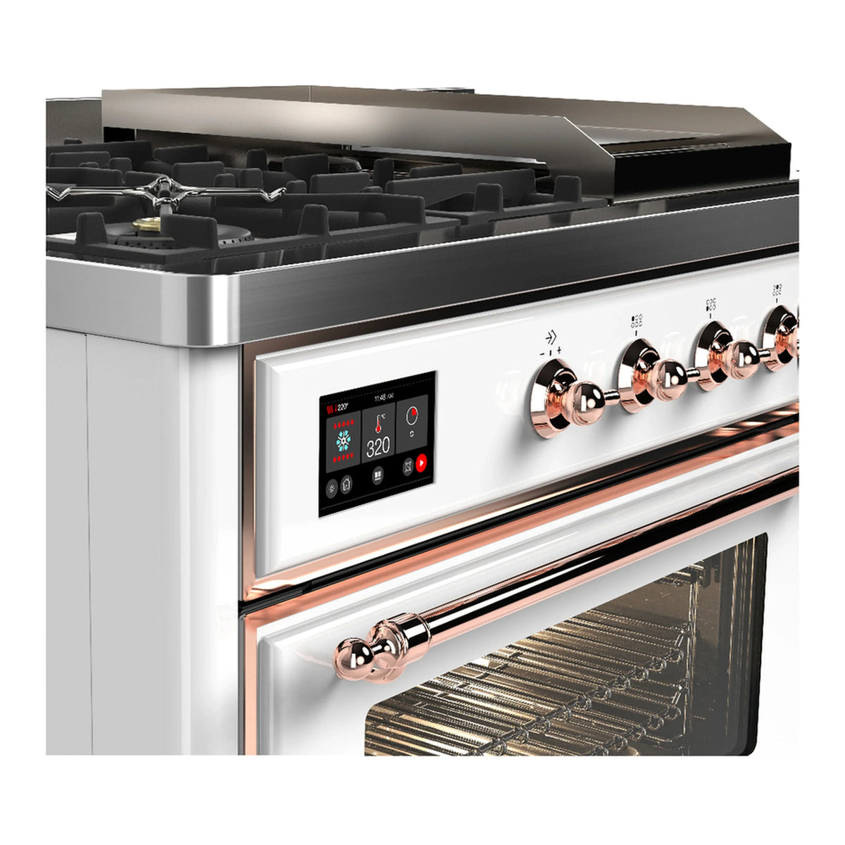 ILVE Majestic III 48-inch Dual Fuel Range with 5 Liquid Propane Burner, Griddle, French Top and Triple Glass Door Electric Oven in White with Copper Trim (UM48FSNR3WHPLP)