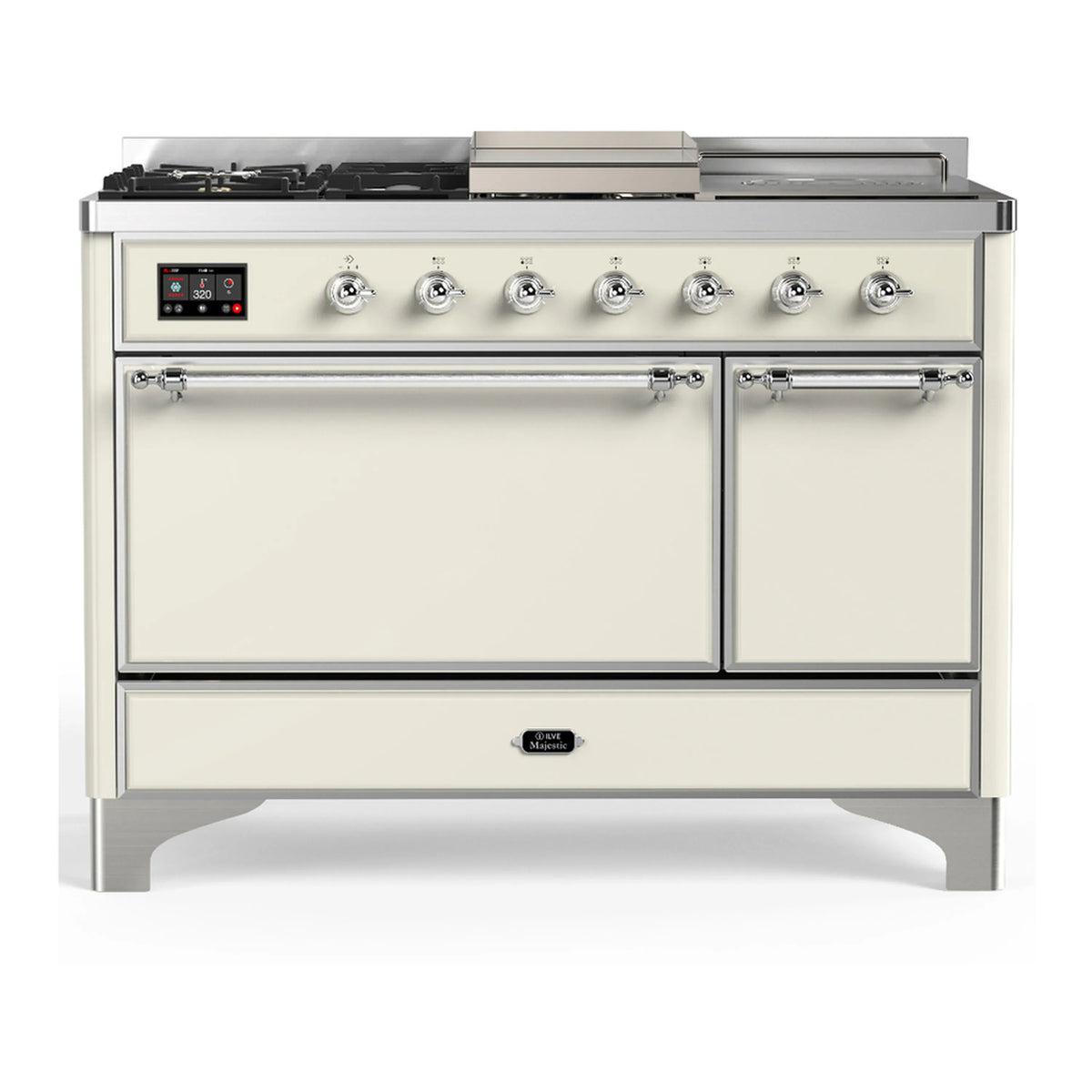 ILVE Majestic III 48-Inch Dual Fuel Range, 5 NG Burners, Griddle, French Top, Solid Door, Antique White, Chrome Trim (UM48FSQNR3AWC)
