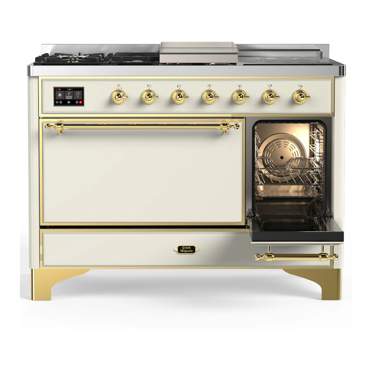 ILVE Majestic III 48-inch Dual Fuel Range with 5 Natural Gas Burner, Griddle, French Top and Solid Door Electric Oven in Antique White with Brass Trim (UM48FSQNR3AWG)