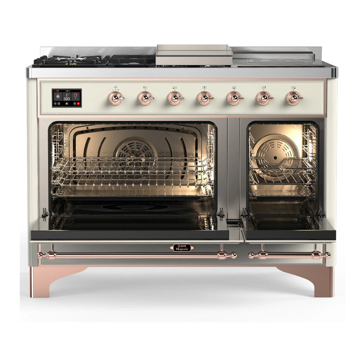 ILVE Majestic III 48-inch Dual Fuel Range with 5 Natural Gas Burner, Griddle, French Top and Solid Door Electric Oven in Antique White with Copper Trim (UM48FSQNR3AWP)