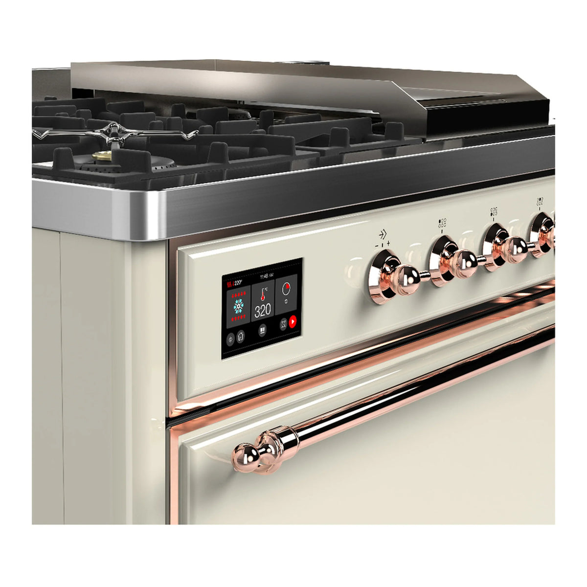 ILVE Majestic III 48-inch Dual Fuel Range with 5 Natural Gas Burner, Griddle, French Top and Solid Door Electric Oven in Antique White with Copper Trim (UM48FSQNR3AWP)