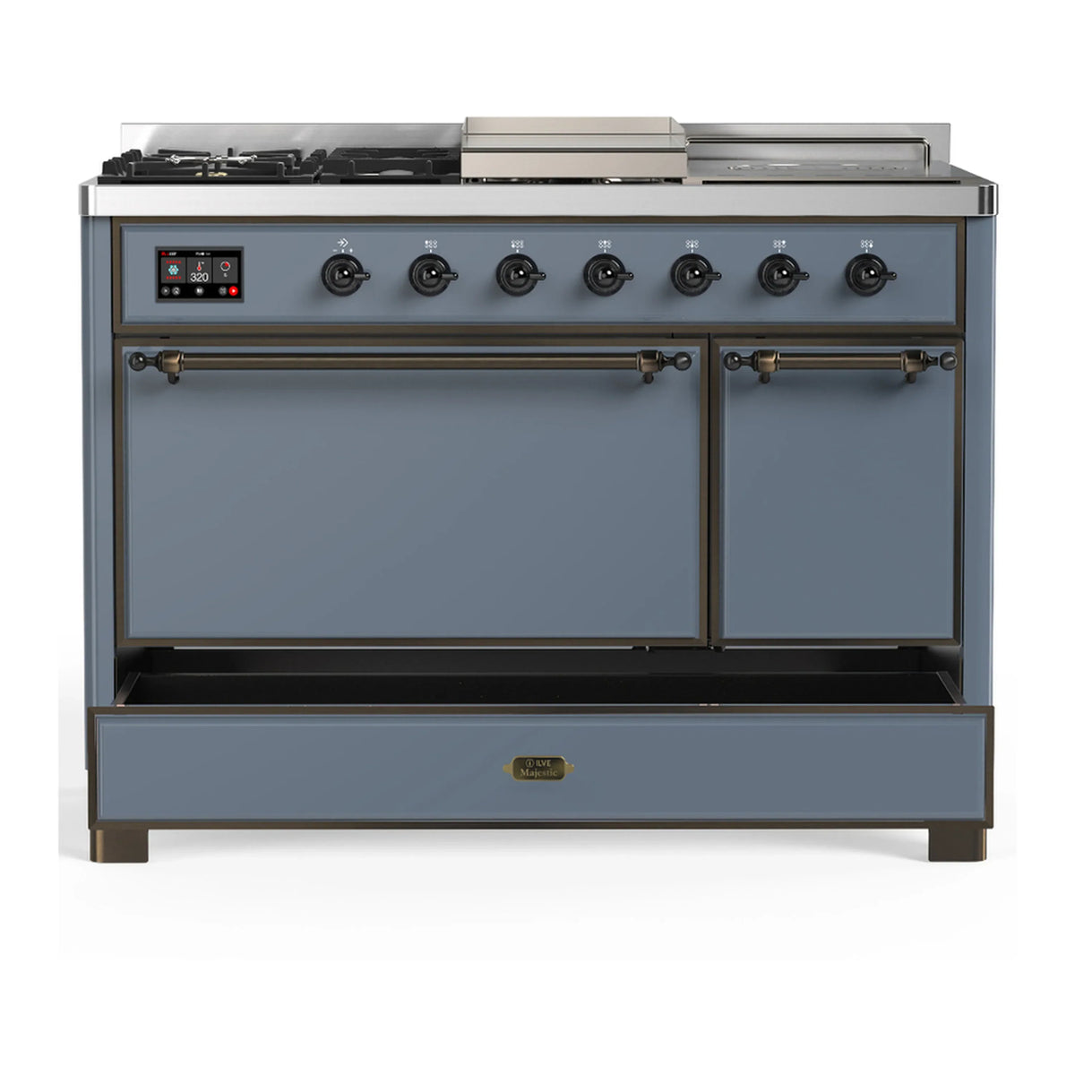 ILVE Majestic III 48-inch Dual Fuel Range with 5 Liquid Propane Burner, Griddle, French Top and Solid Door Electric Oven in Blue Grey with Burnished Trim (UM48FSQNR3BGBLP)