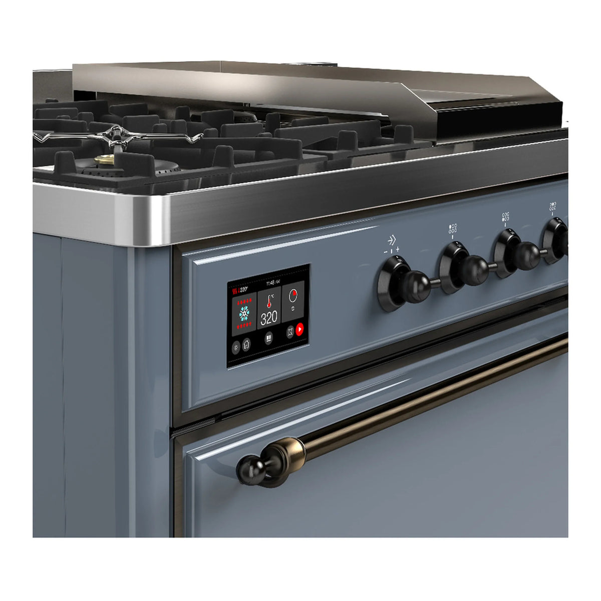 ILVE Majestic III 48-inch Dual Fuel Range with 5 Liquid Propane Burner, Griddle, French Top and Solid Door Electric Oven in Blue Grey with Burnished Trim (UM48FSQNR3BGBLP)