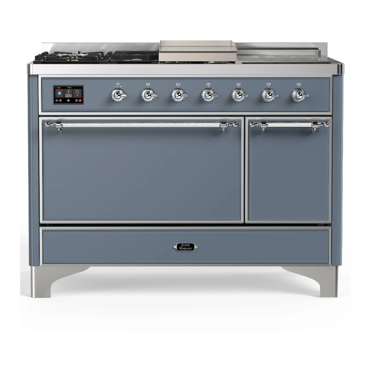 ILVE Majestic III 48-Inch Dual Fuel Range, 5 NG Burners, Griddle, French Top, Solid Door, Blue Grey, Chrome Trim (UM48FSQNR3BGC)