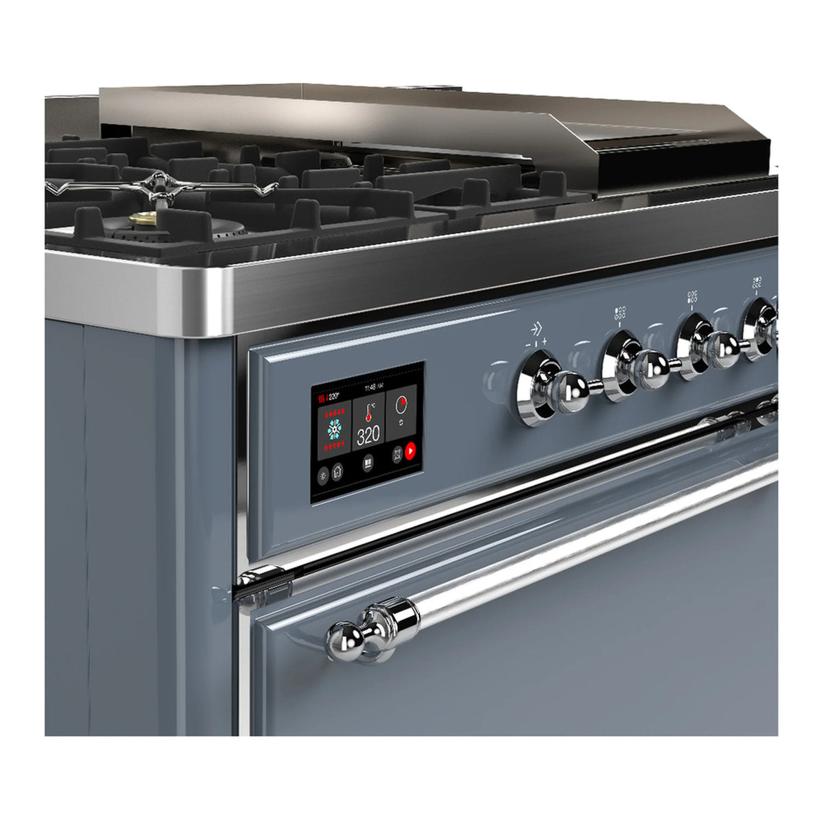 ILVE Majestic III 48-inch Dual Fuel Range with 5 Liquid Propane Burner, Griddle, French Top and Solid Door Electric Oven in Blue Grey with Chrome Trim (UM48FSQNR3BGCLP)