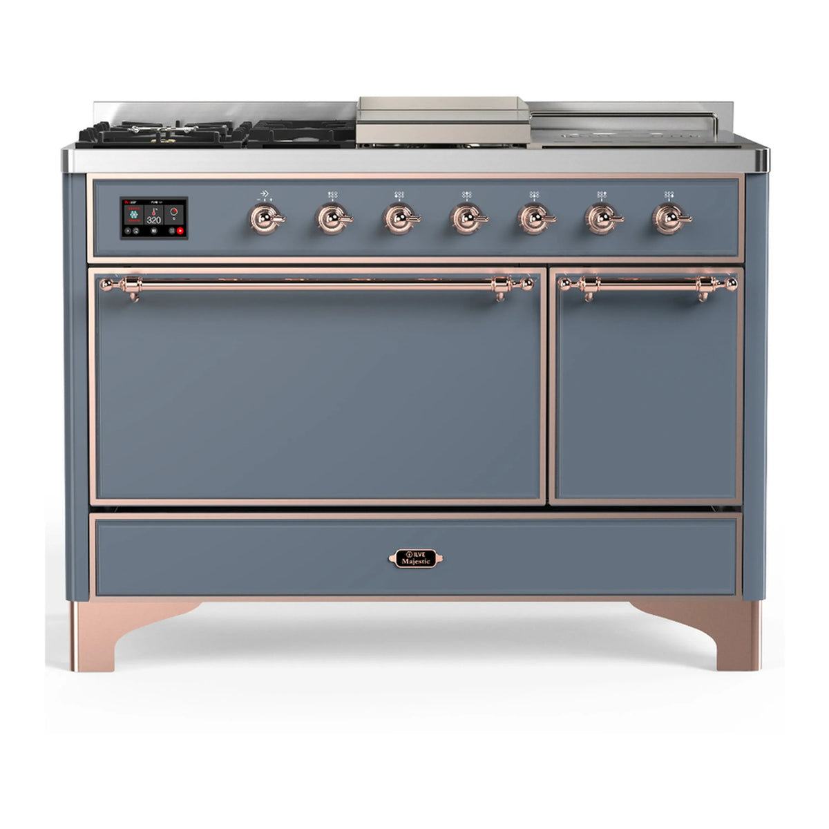 ILVE Majestic III 48-Inch Dual Fuel Range, 5 LP Burners, Griddle, French Top, Solid Door, Blue Grey, Copper Trim (UM48FSQNR3BGPLP)