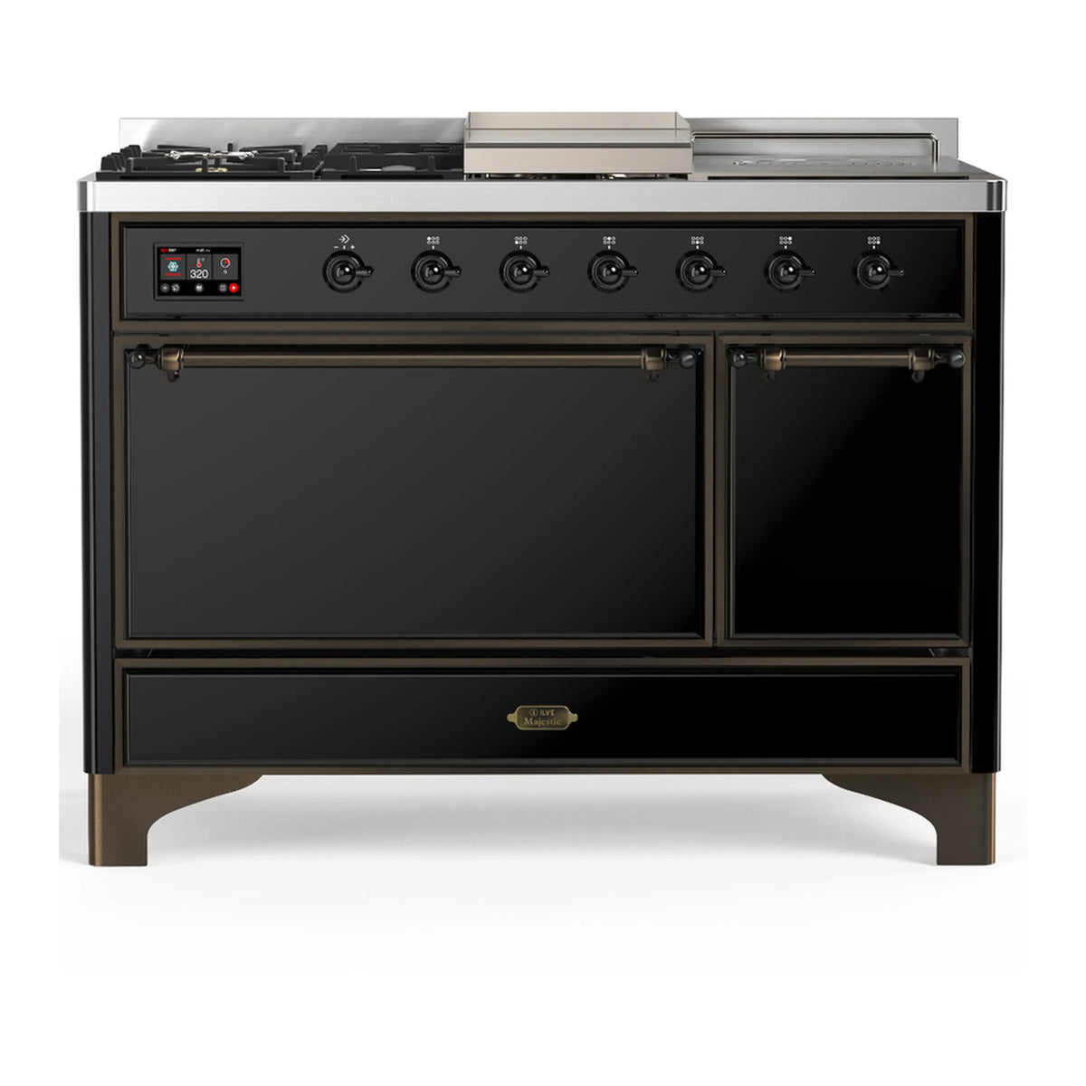 ILVE Majestic III 48-inch Dual Fuel Range with 5 Natural Gas Burner, Griddle, French Top and Solid Door Electric Oven in Glossy Black with Burnished Trim (UM48FSQNR3BKB)