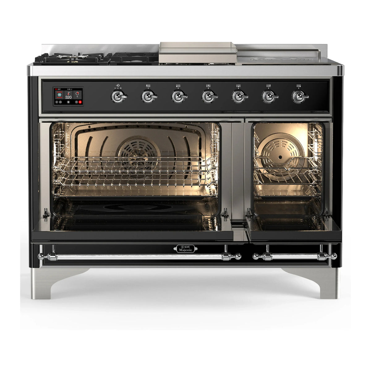 ILVE Majestic III 48-inch Dual Fuel Range with 5 Natural Gas Burner, Griddle, French Top and Solid Door Electric Oven in Glossy Black with Chrome Trim (UM48FSQNR3BKC)