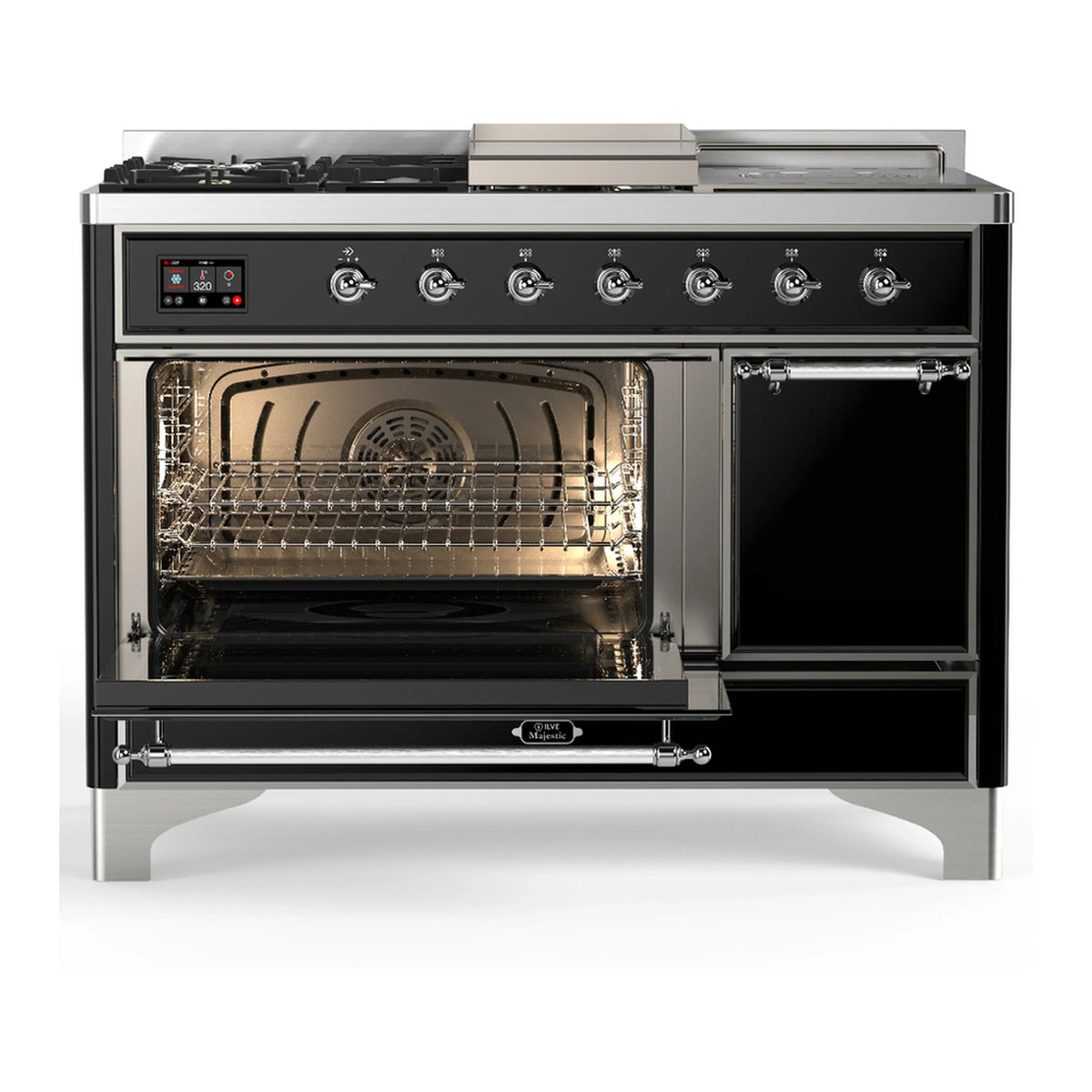 ILVE Majestic III 48-inch Dual Fuel Range with 5 Natural Gas Burner, Griddle, French Top and Solid Door Electric Oven in Glossy Black with Chrome Trim (UM48FSQNR3BKC)