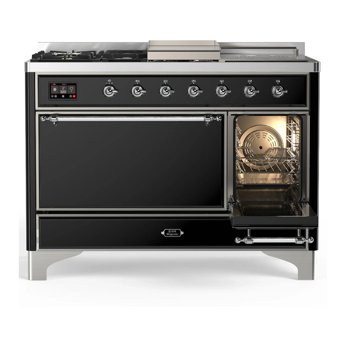 ILVE Majestic III 48-inch Dual Fuel Range with 5 Natural Gas Burner, Griddle, French Top and Solid Door Electric Oven in Glossy Black with Chrome Trim (UM48FSQNR3BKC)