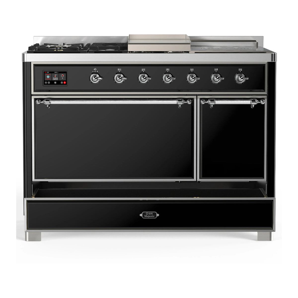 ILVE Majestic III 48-inch Dual Fuel Range with 5 Natural Gas Burner, Griddle, French Top and Solid Door Electric Oven in Glossy Black with Chrome Trim (UM48FSQNR3BKC)