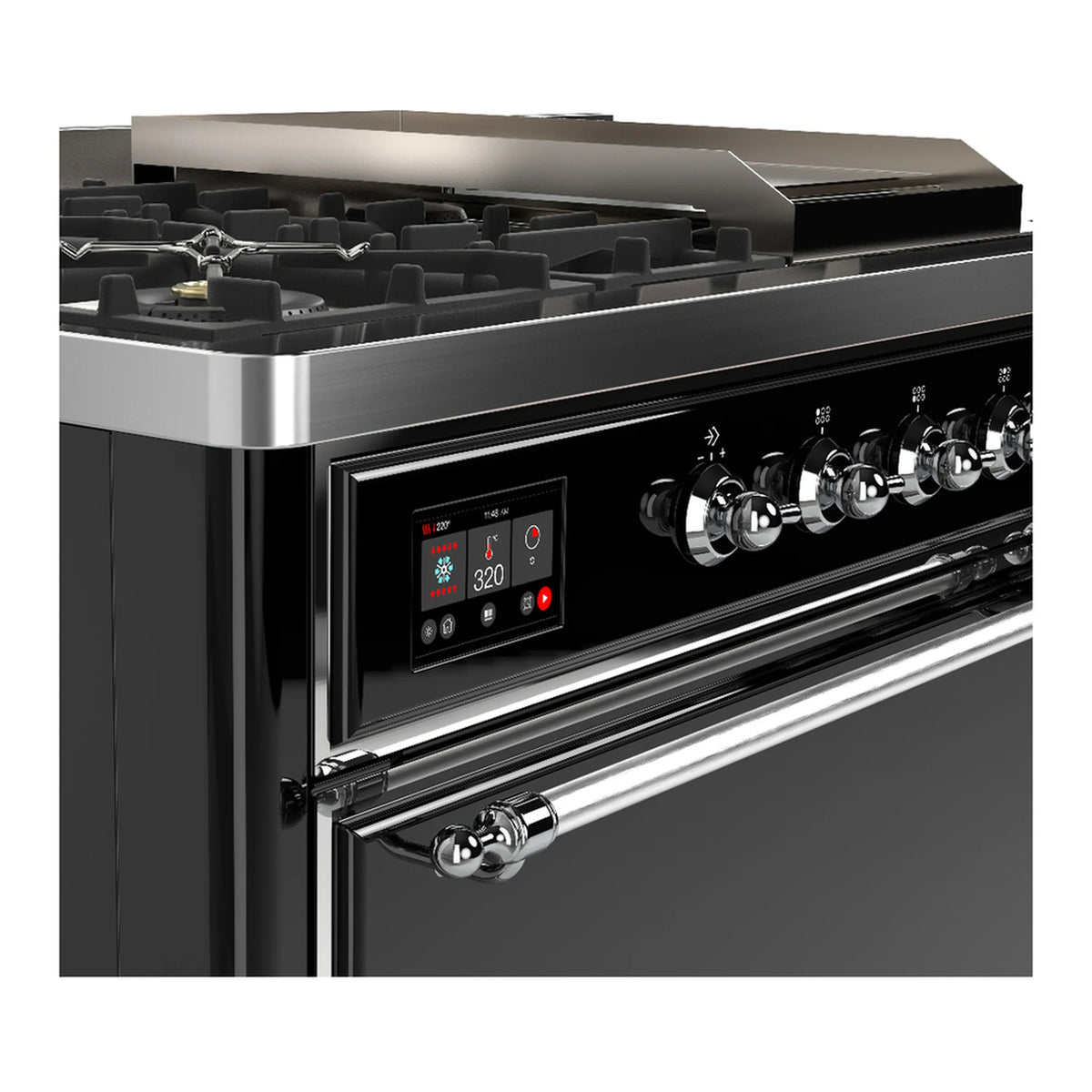 ILVE Majestic III 48-inch Dual Fuel Range with 5 Natural Gas Burner, Griddle, French Top and Solid Door Electric Oven in Glossy Black with Chrome Trim (UM48FSQNR3BKC)