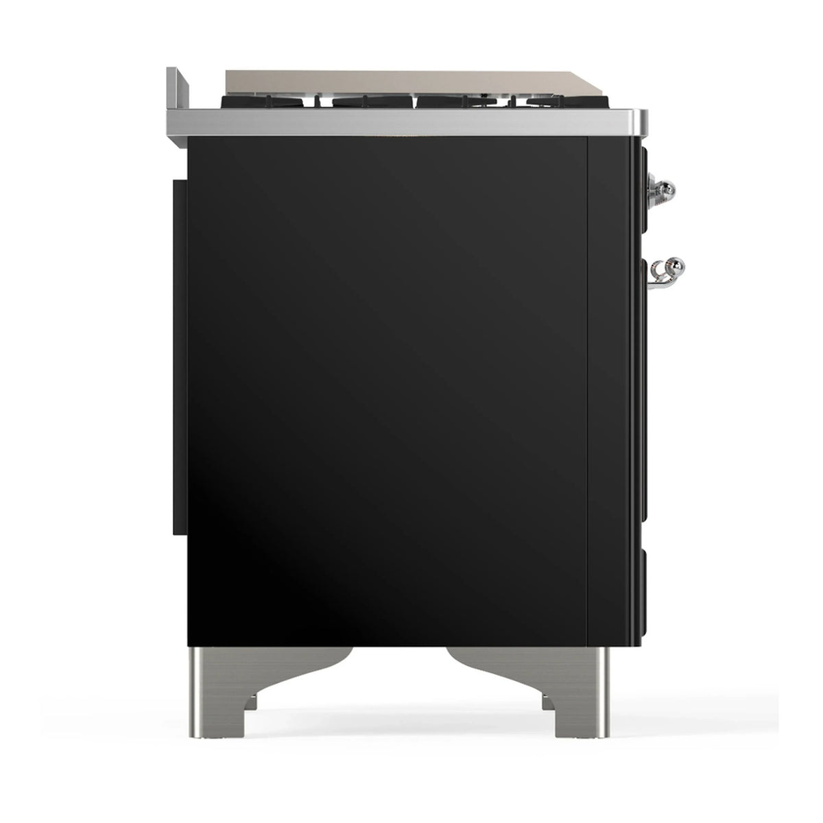 ILVE Majestic III 48-inch Dual Fuel Range with 5 Natural Gas Burner, Griddle, French Top and Solid Door Electric Oven in Glossy Black with Chrome Trim (UM48FSQNR3BKC)