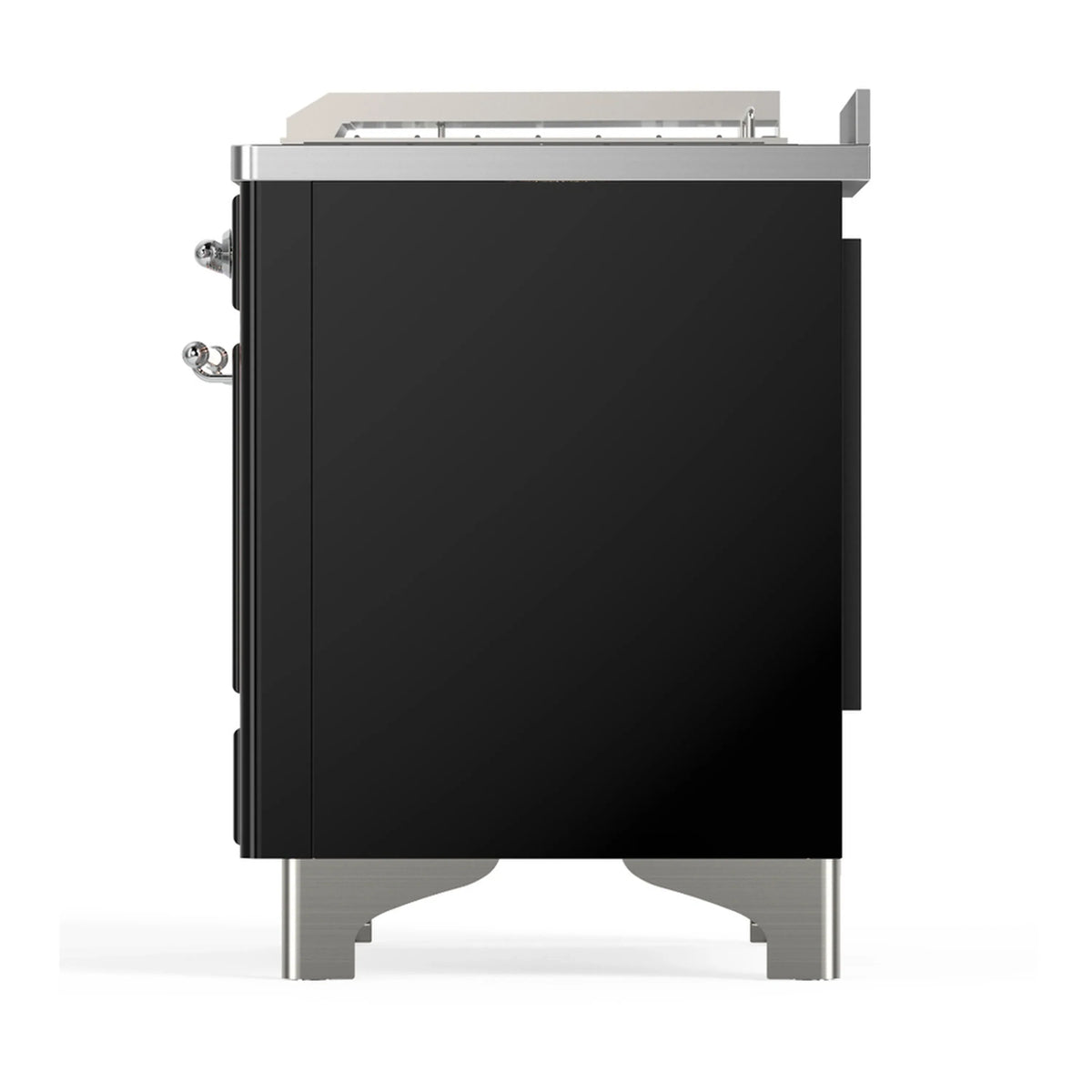 ILVE Majestic III 48-inch Dual Fuel Range with 5 Natural Gas Burner, Griddle, French Top and Solid Door Electric Oven in Glossy Black with Chrome Trim (UM48FSQNR3BKC)
