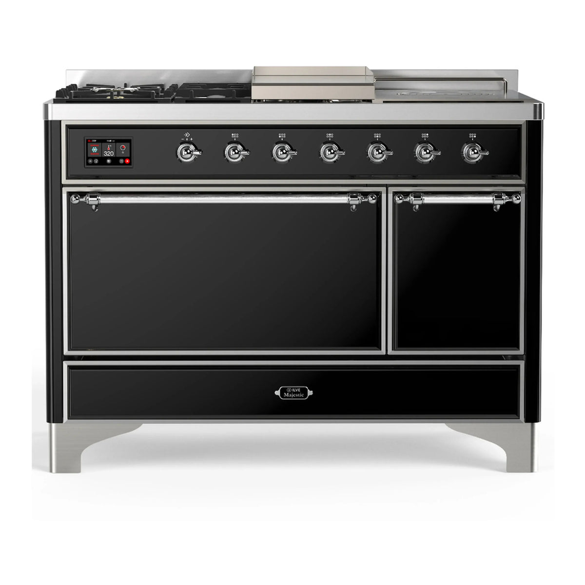 ILVE Majestic III 48-Inch Dual Fuel Range, 5 LP Burners, Griddle, French Top, Solid Door, Glossy Black, Chrome Trim (UM48FSQNR3BKCLP)